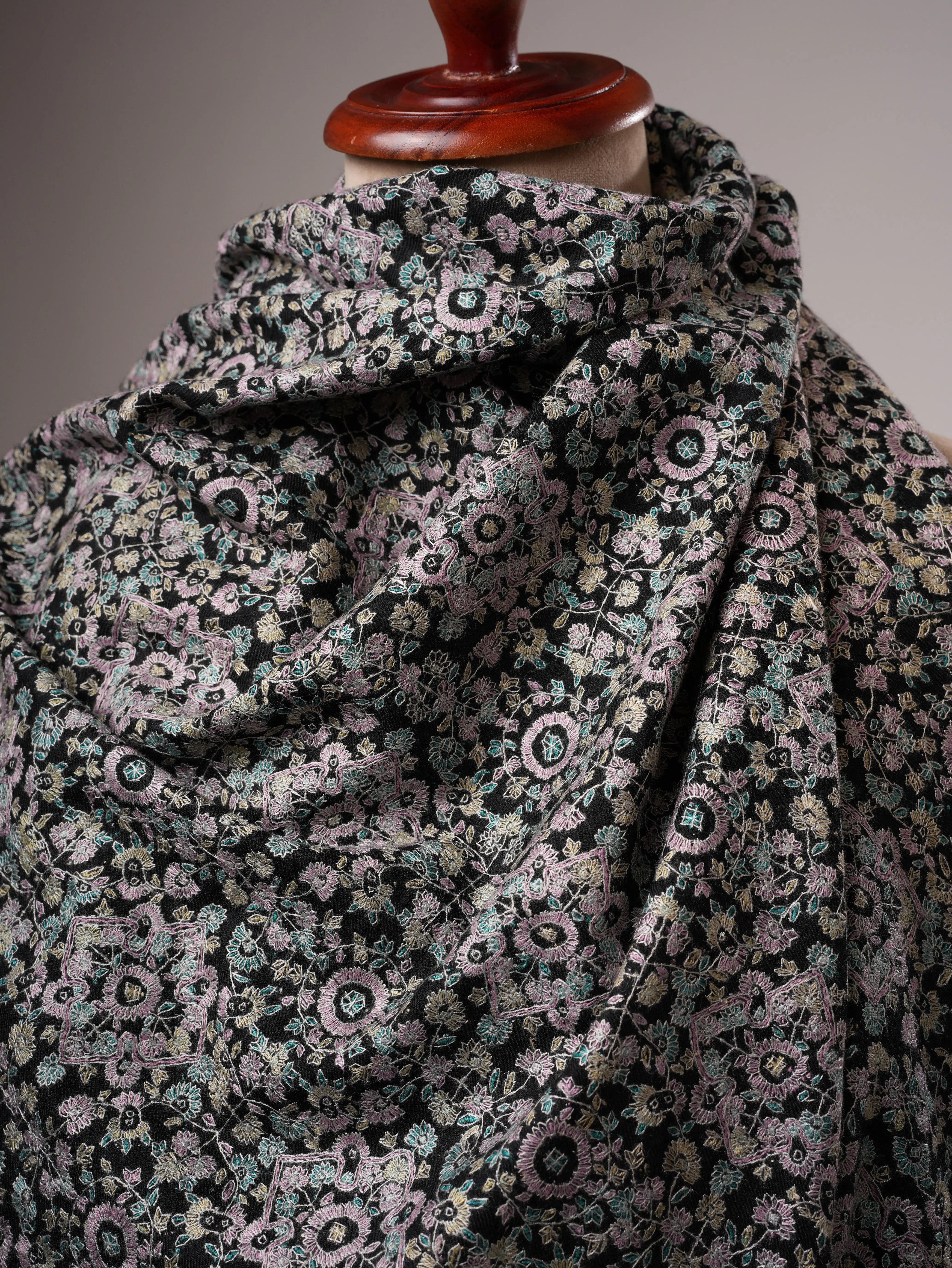 Black Pashmina Shawl with Fine Detailed Sozni Embroidery Shahkaar