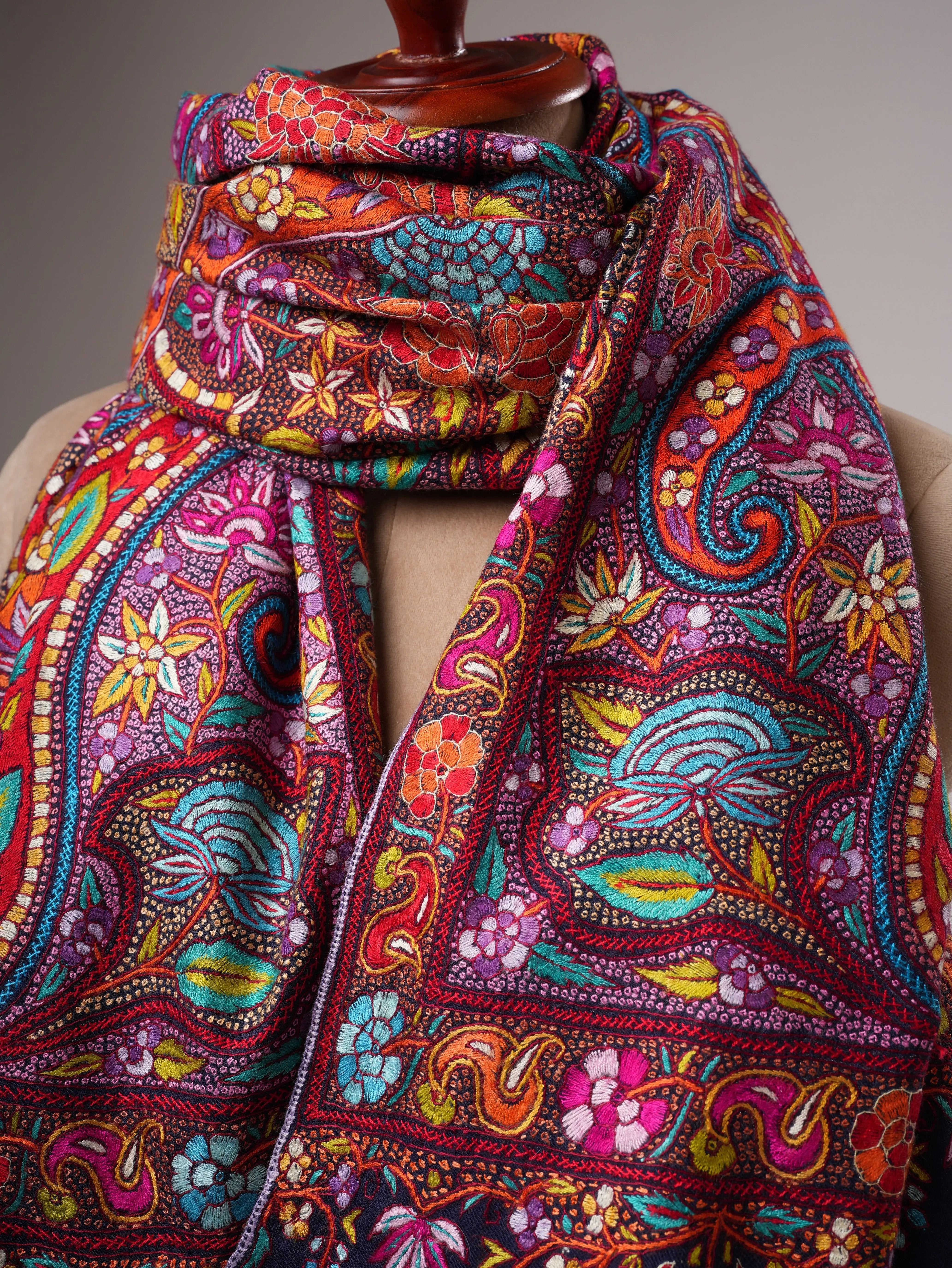 Navy Blue Handwoven Pashmina Shawl with Papier-Mâché Embroidery Shahkaar