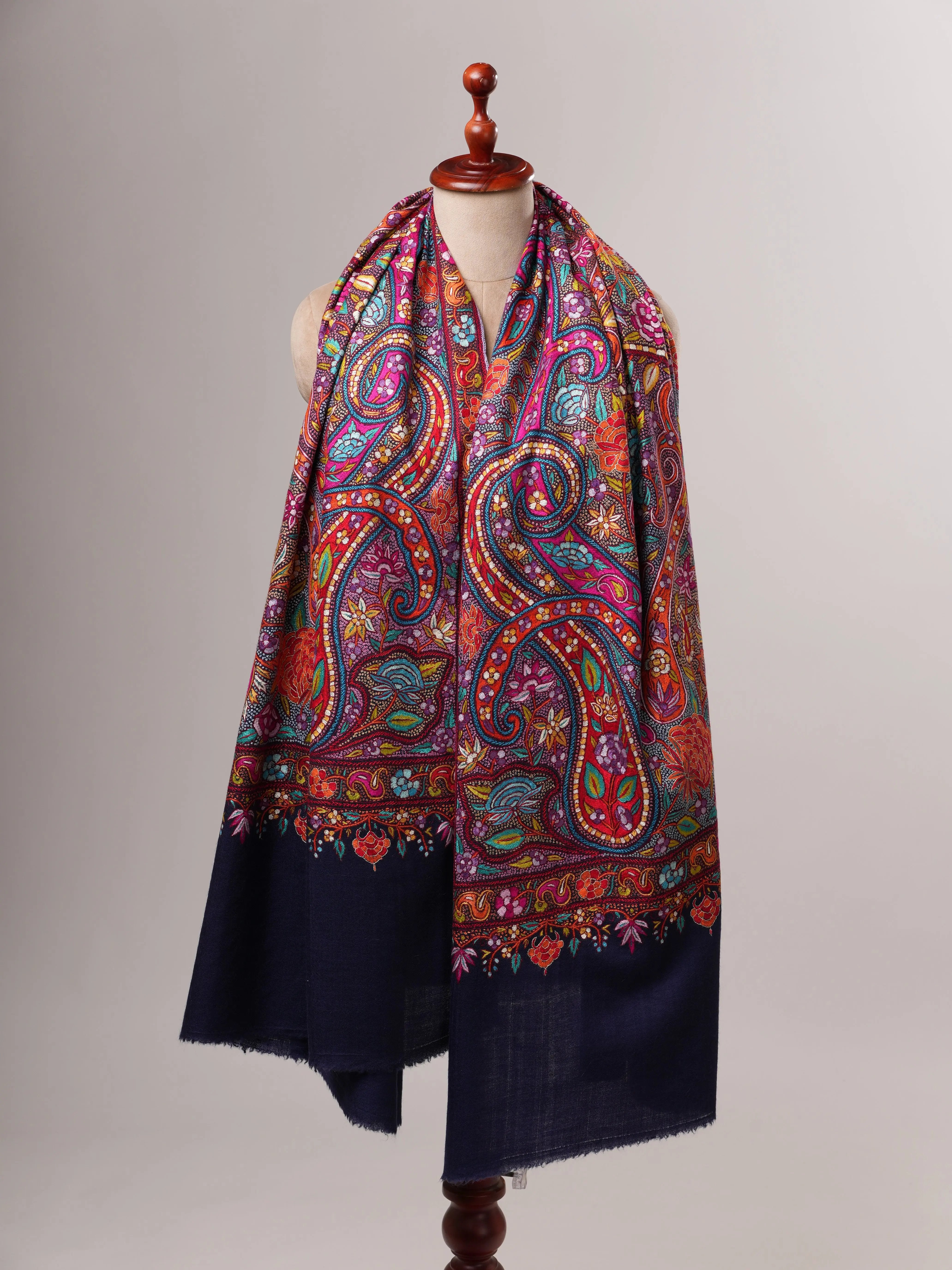 Navy Blue Handwoven Pashmina Shawl with Papier-Mâché Embroidery Shahkaar