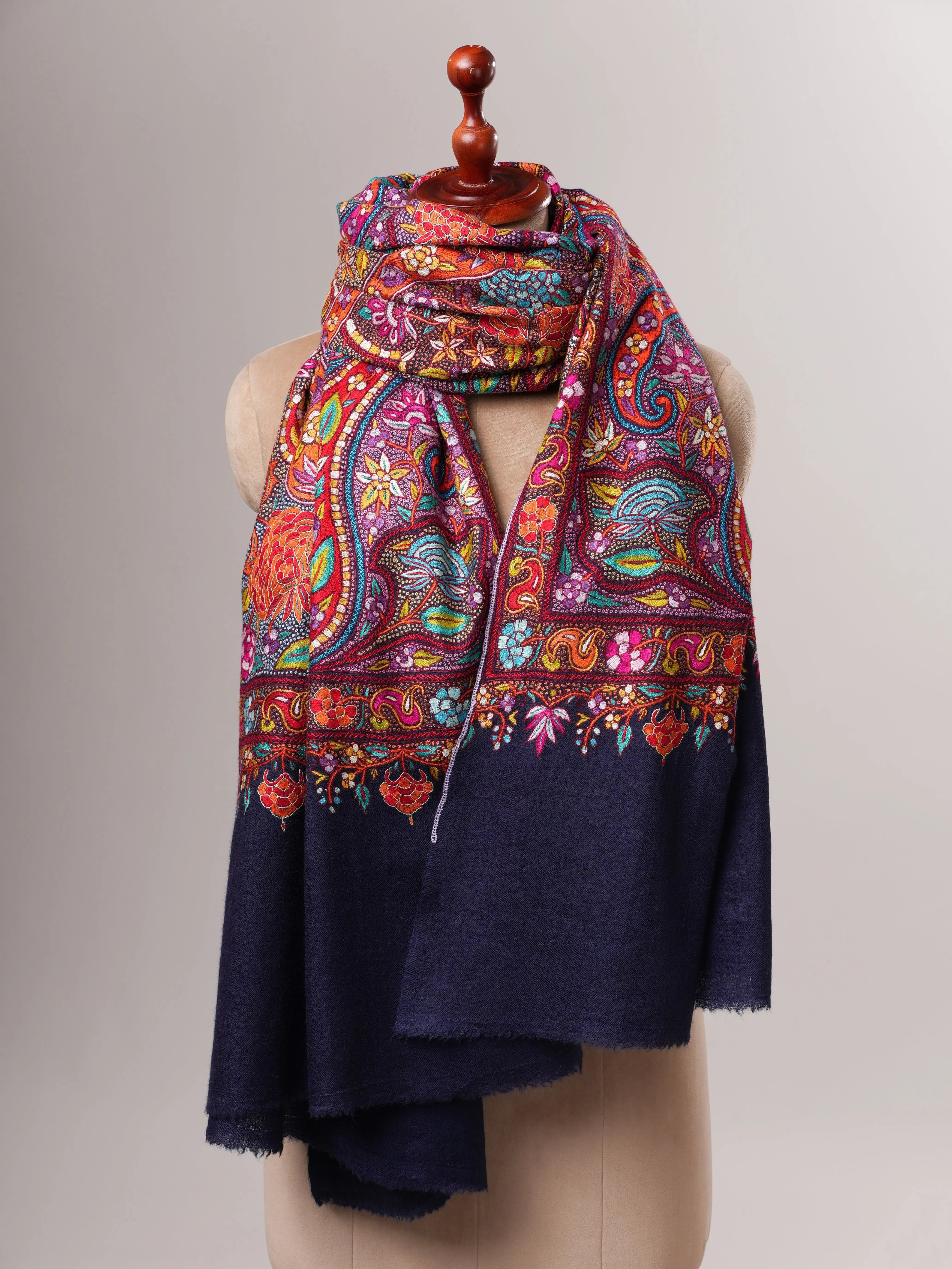 Navy Blue Handwoven Pashmina Shawl with Papier-Mâché Embroidery Shahkaar