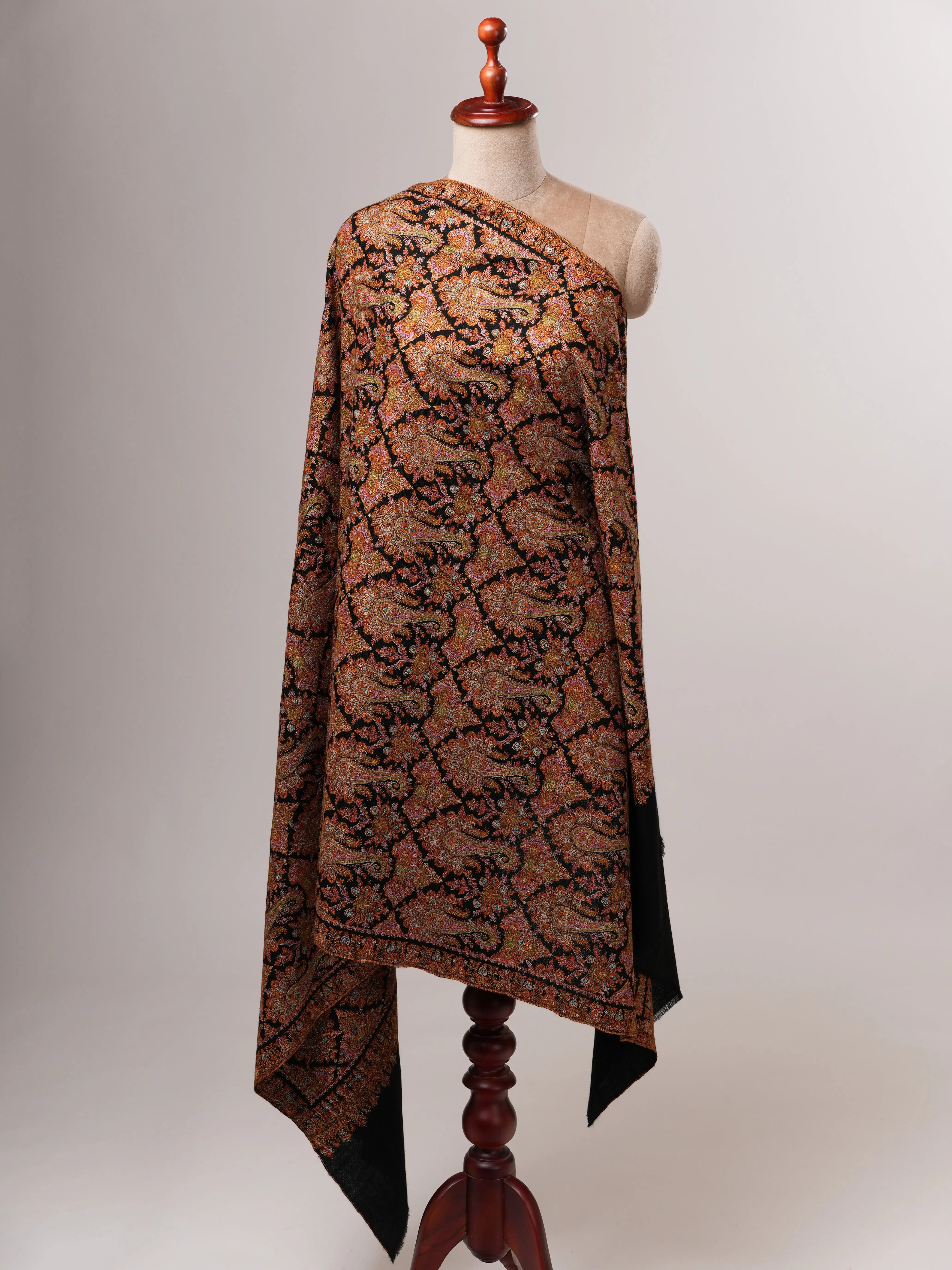 Fine Detailed Jamavar Black Pashmina Shawl with Golden Paisley Embroidery Shahkaar
