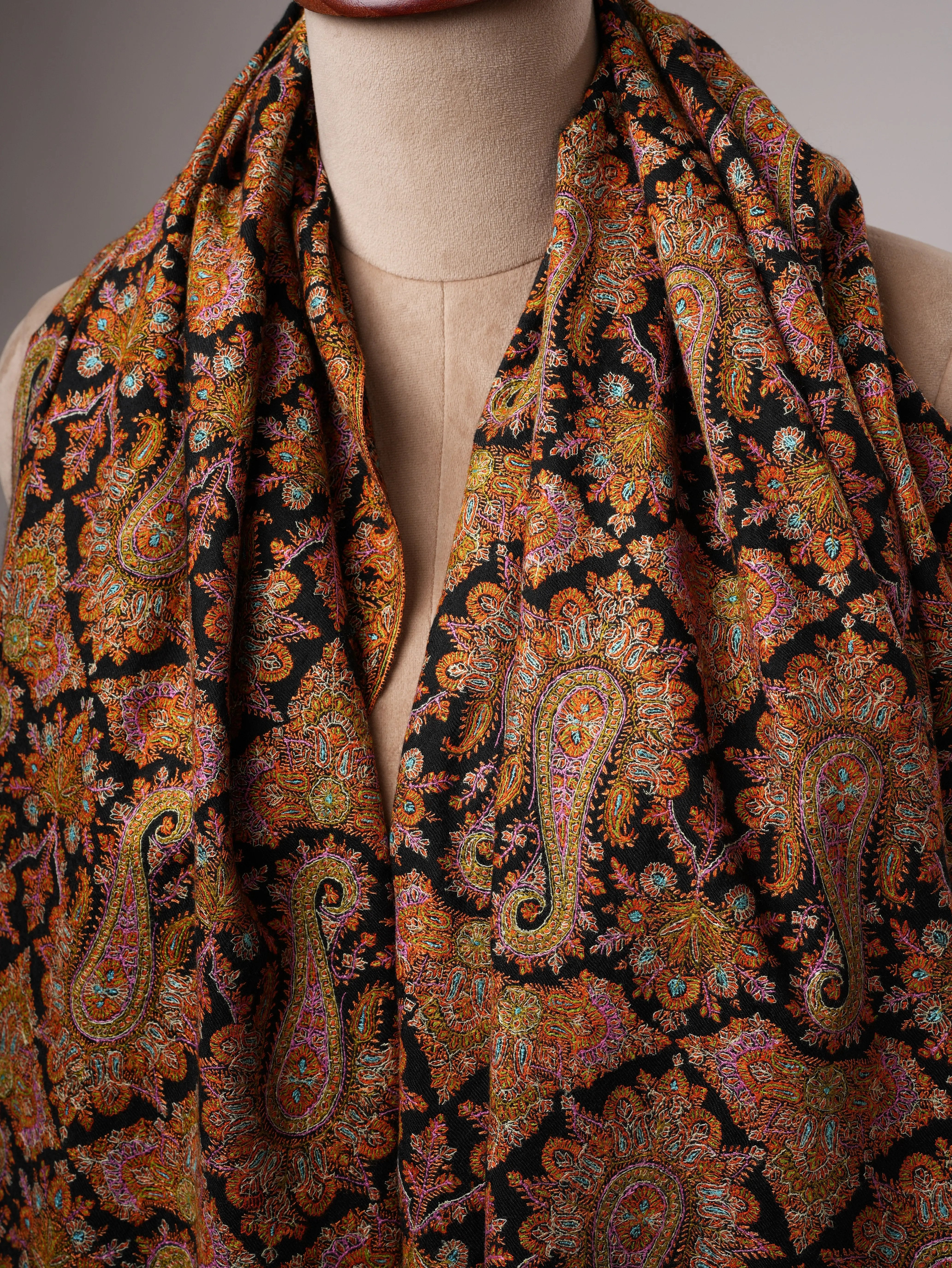 Fine Detailed Jamavar Black Pashmina Shawl with Golden Paisley Embroidery Shahkaar