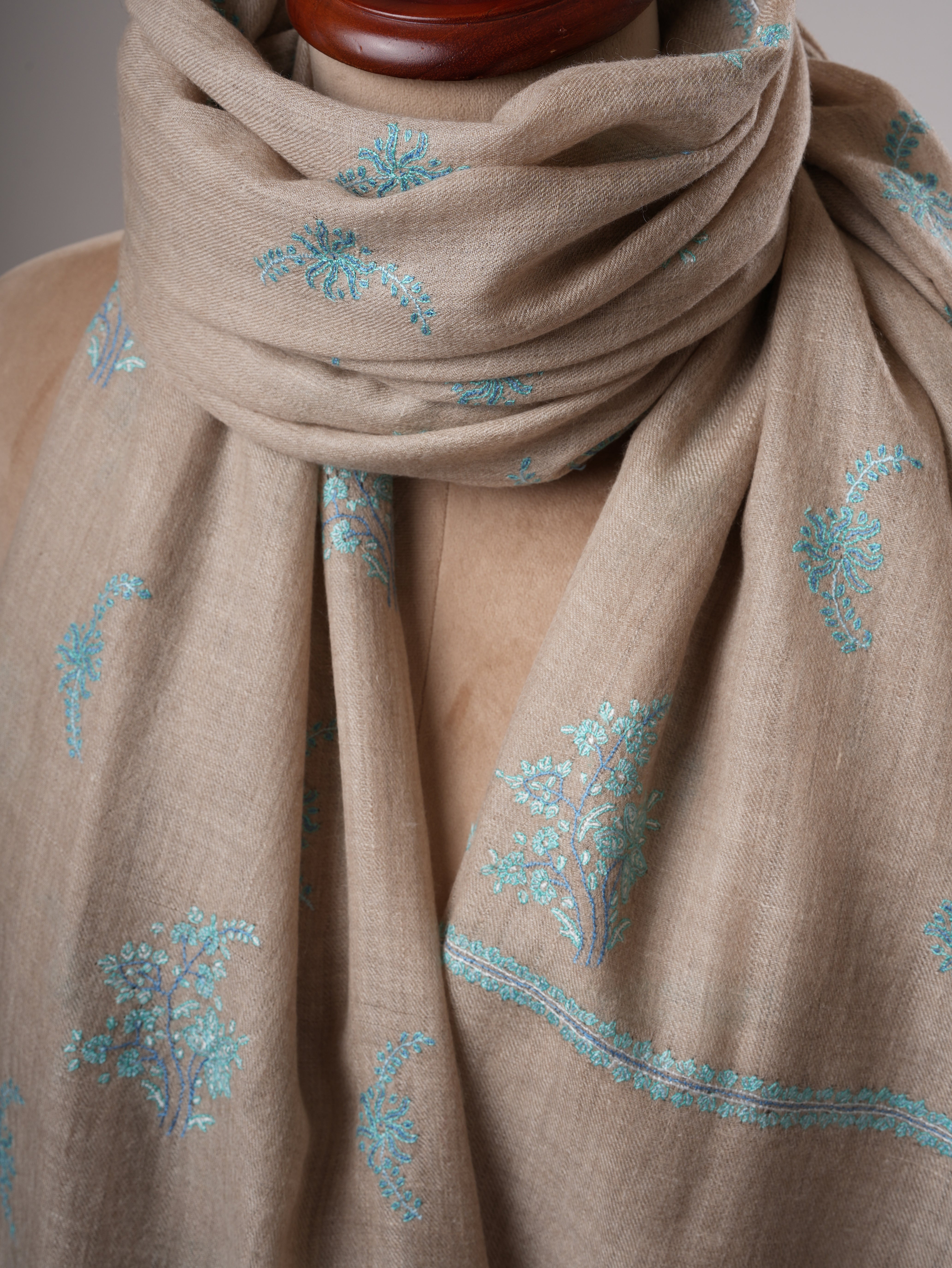 Natural Grey Buteh Embroidered Shahkaar Pashmina Shawl Shahkaar