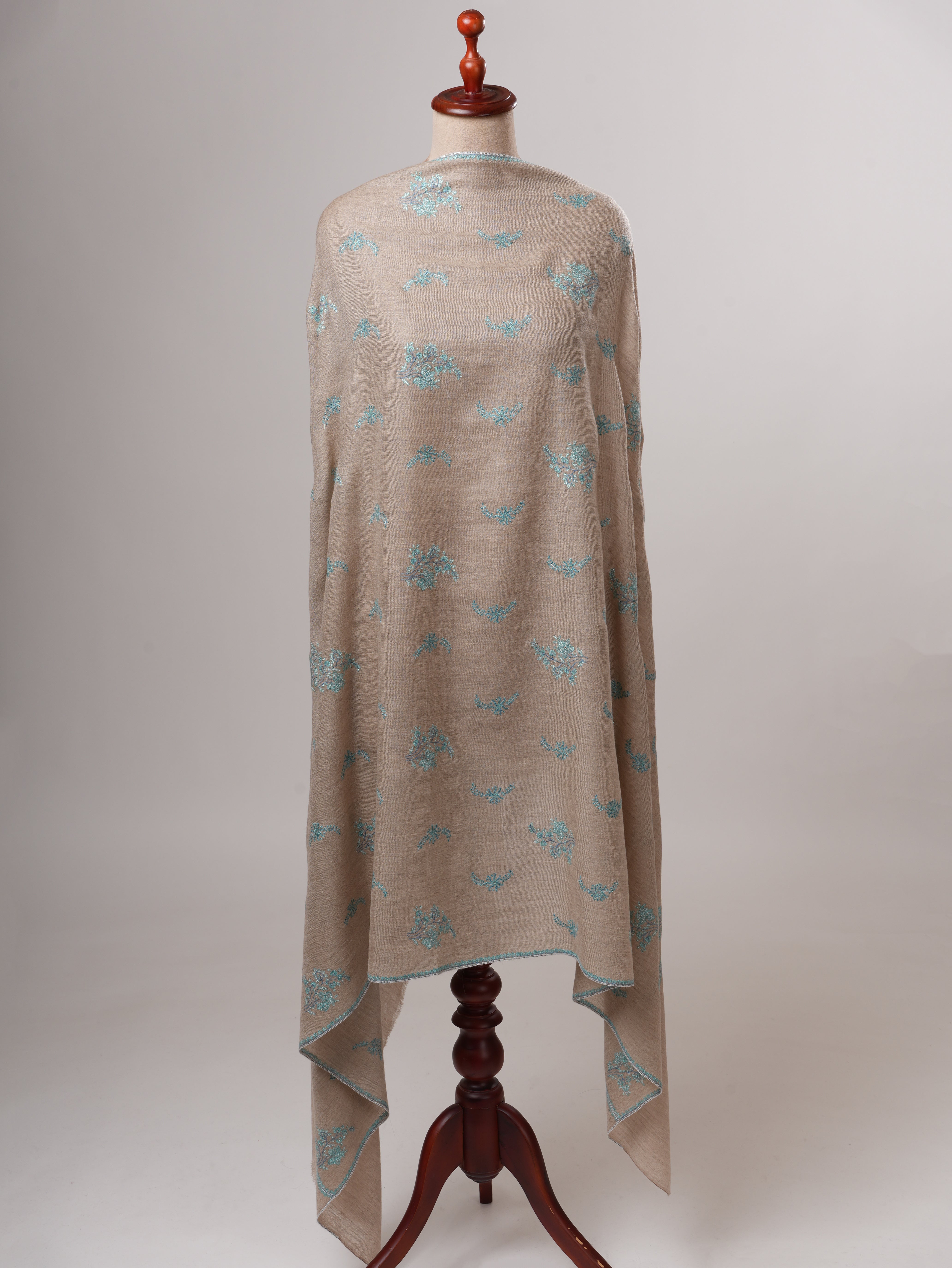 Natural Grey Buteh Embroidered Shahkaar Pashmina Shawl Shahkaar