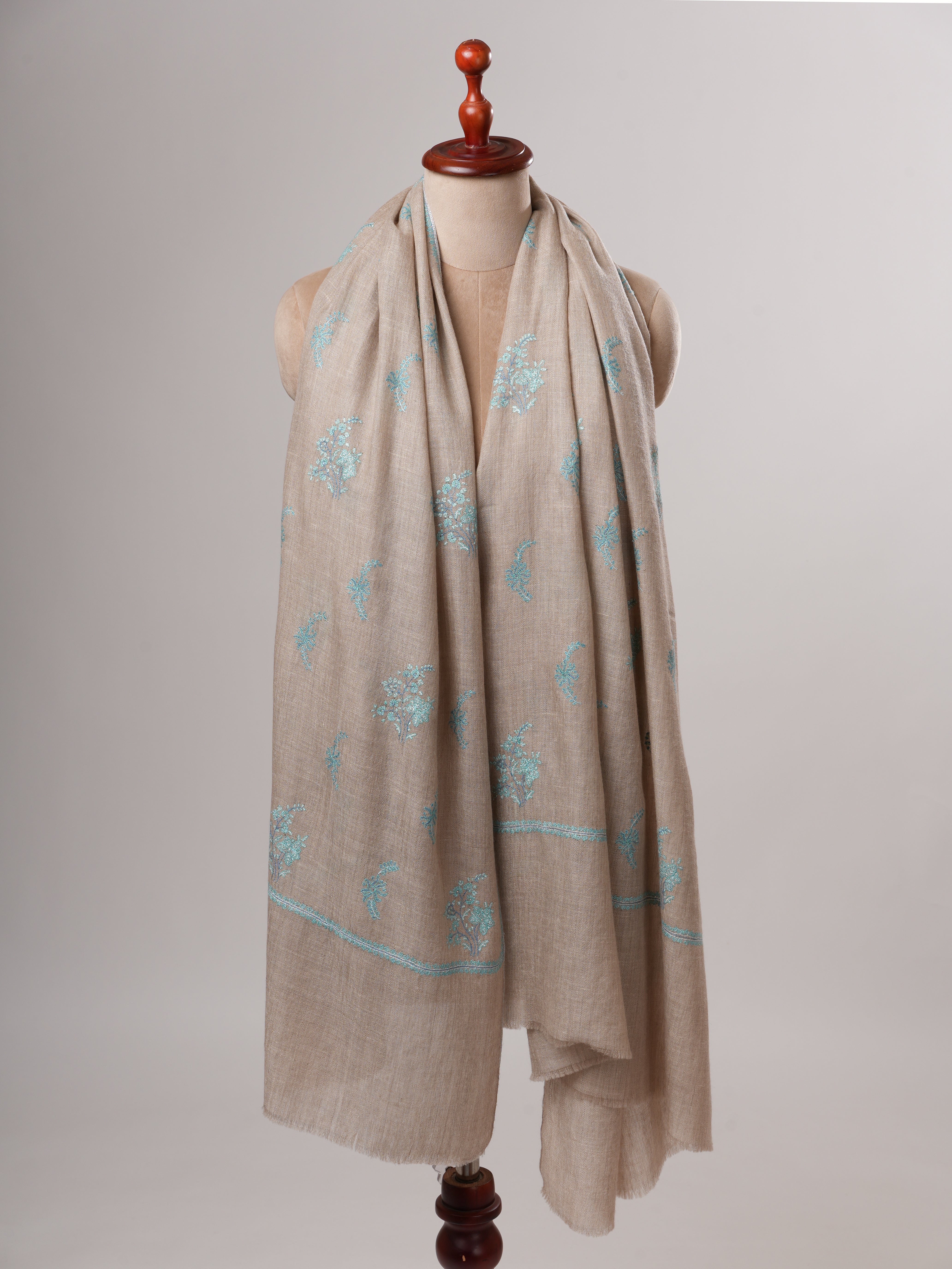 Natural Grey Buteh Embroidered Shahkaar Pashmina Shawl Shahkaar