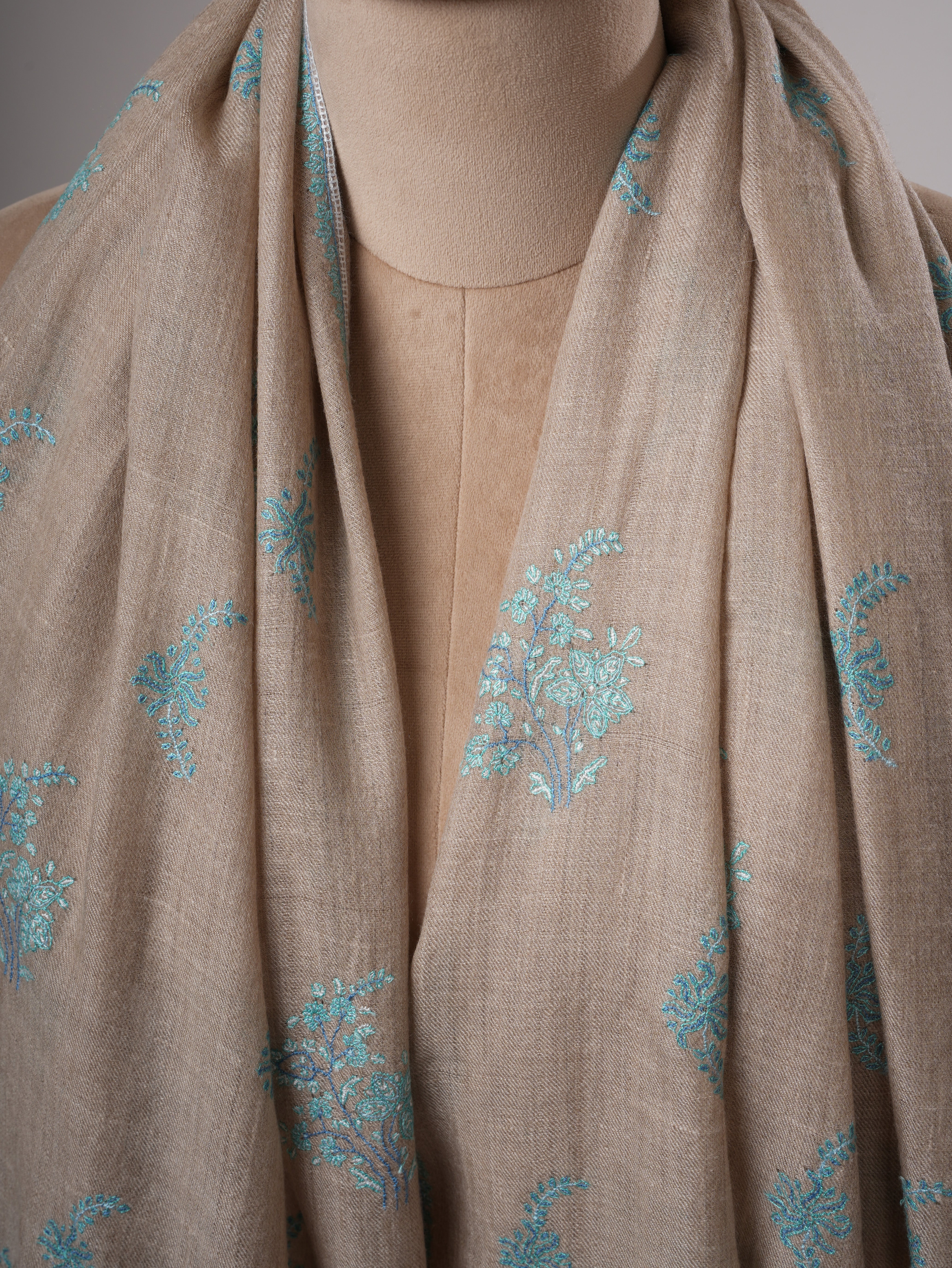 Natural Grey Buteh Embroidered Shahkaar Pashmina Shawl Shahkaar