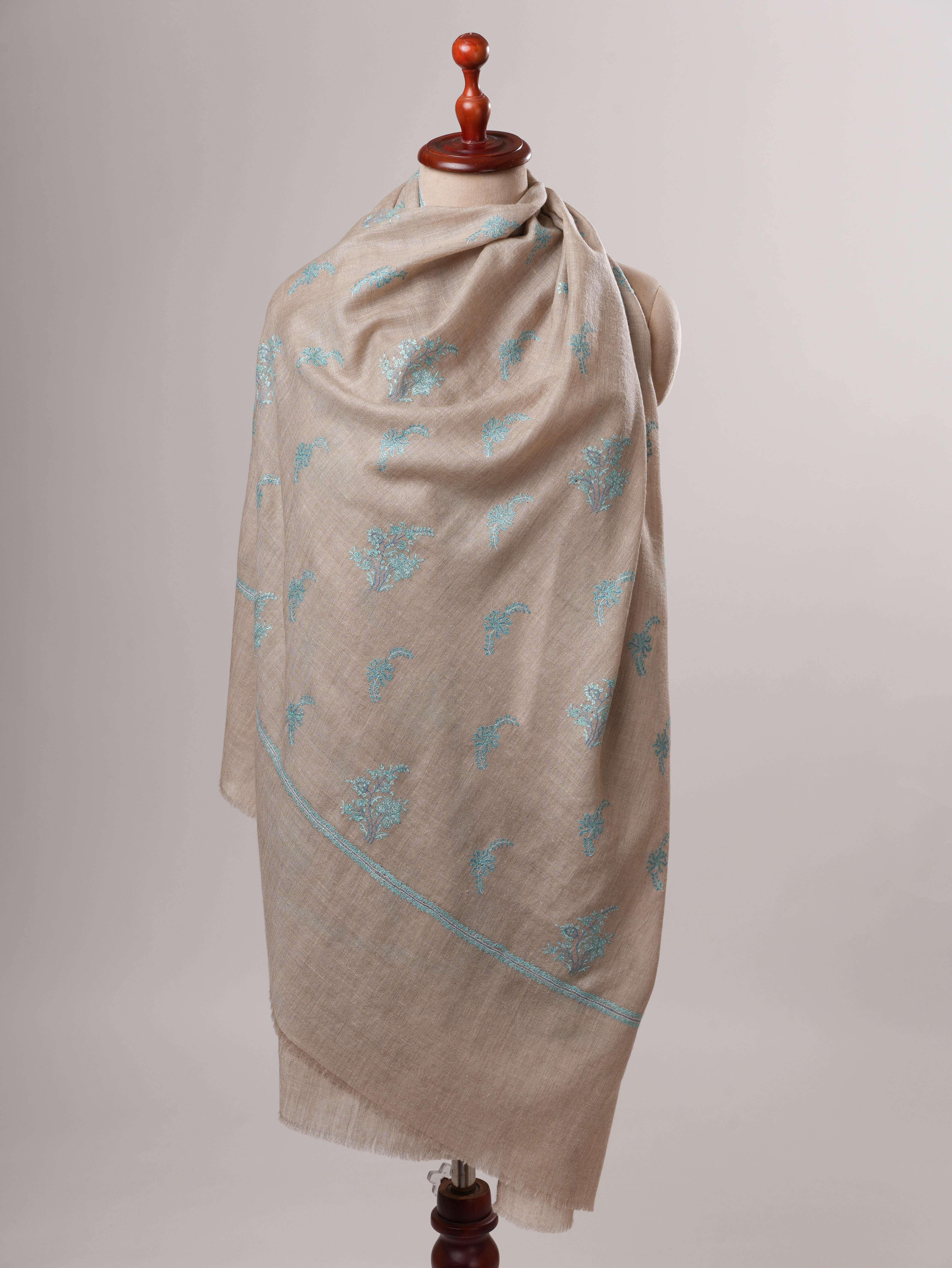 Natural Grey Buteh Embroidered Shahkaar Pashmina Shawl Shahkaar