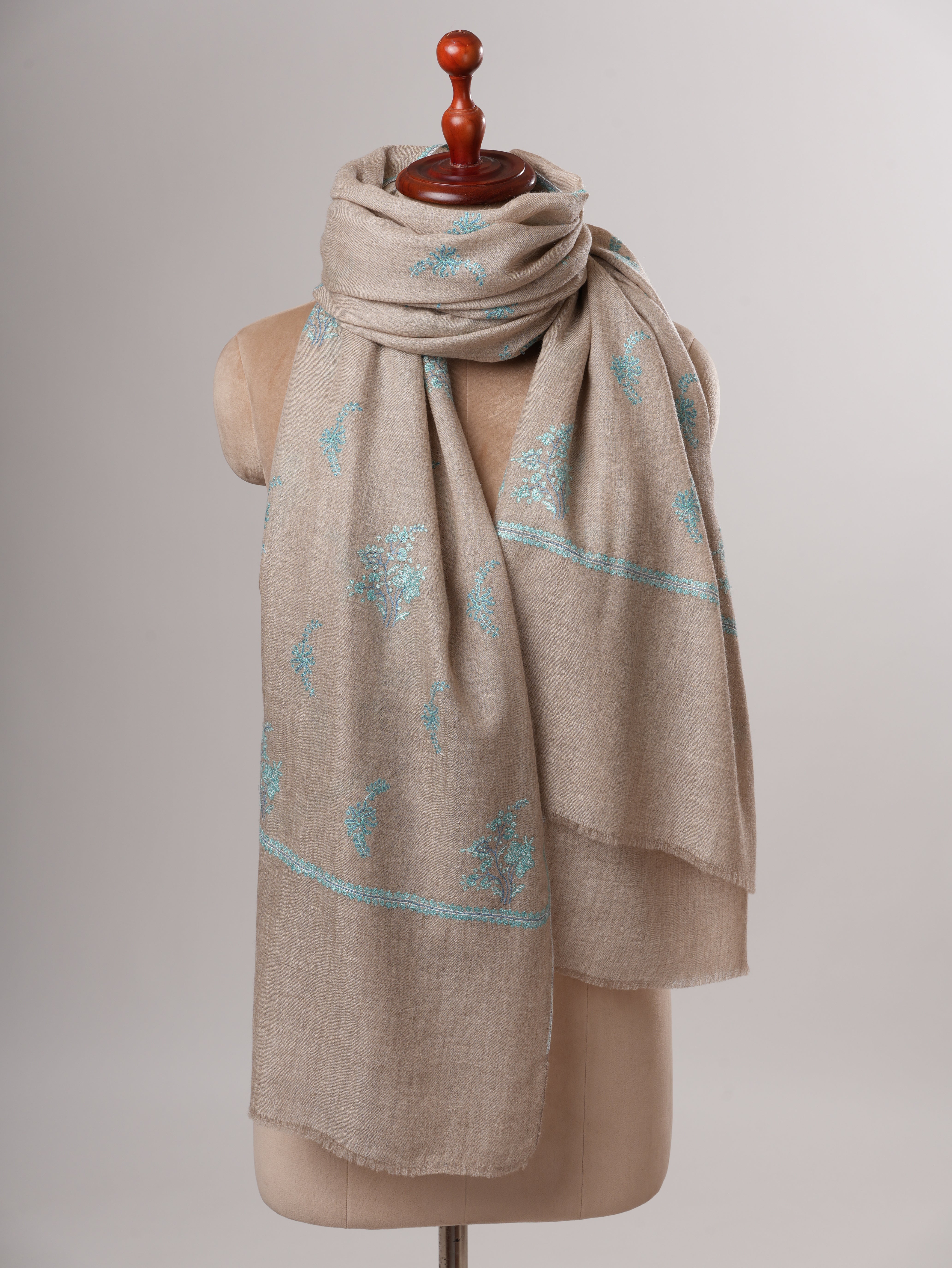 Natural Grey Buteh Embroidered Shahkaar Pashmina Shawl Shahkaar