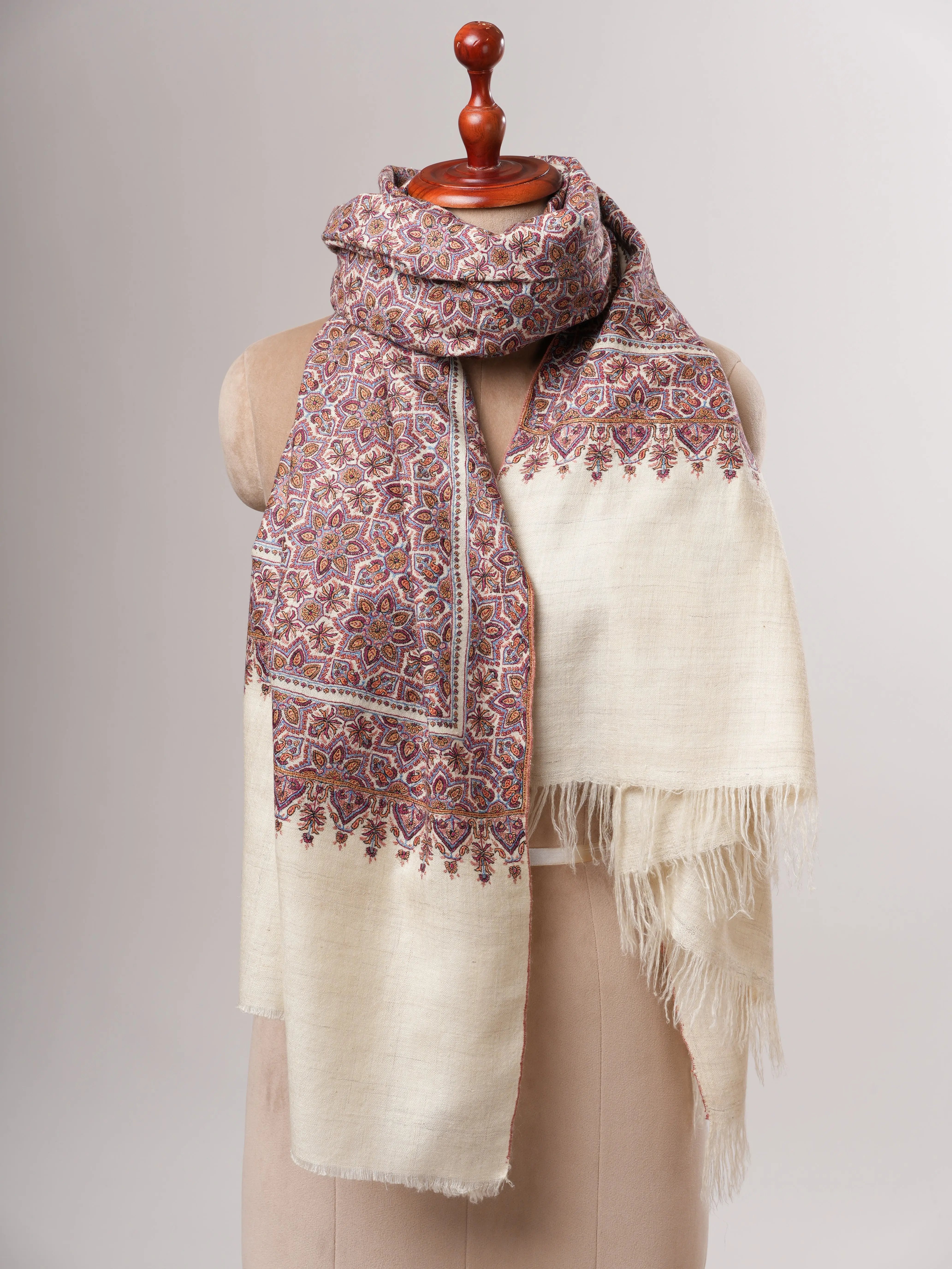 Handspun Handwoven Pashmina Shawl with Fine Jamavar Sozni Embroidery Shahkaar