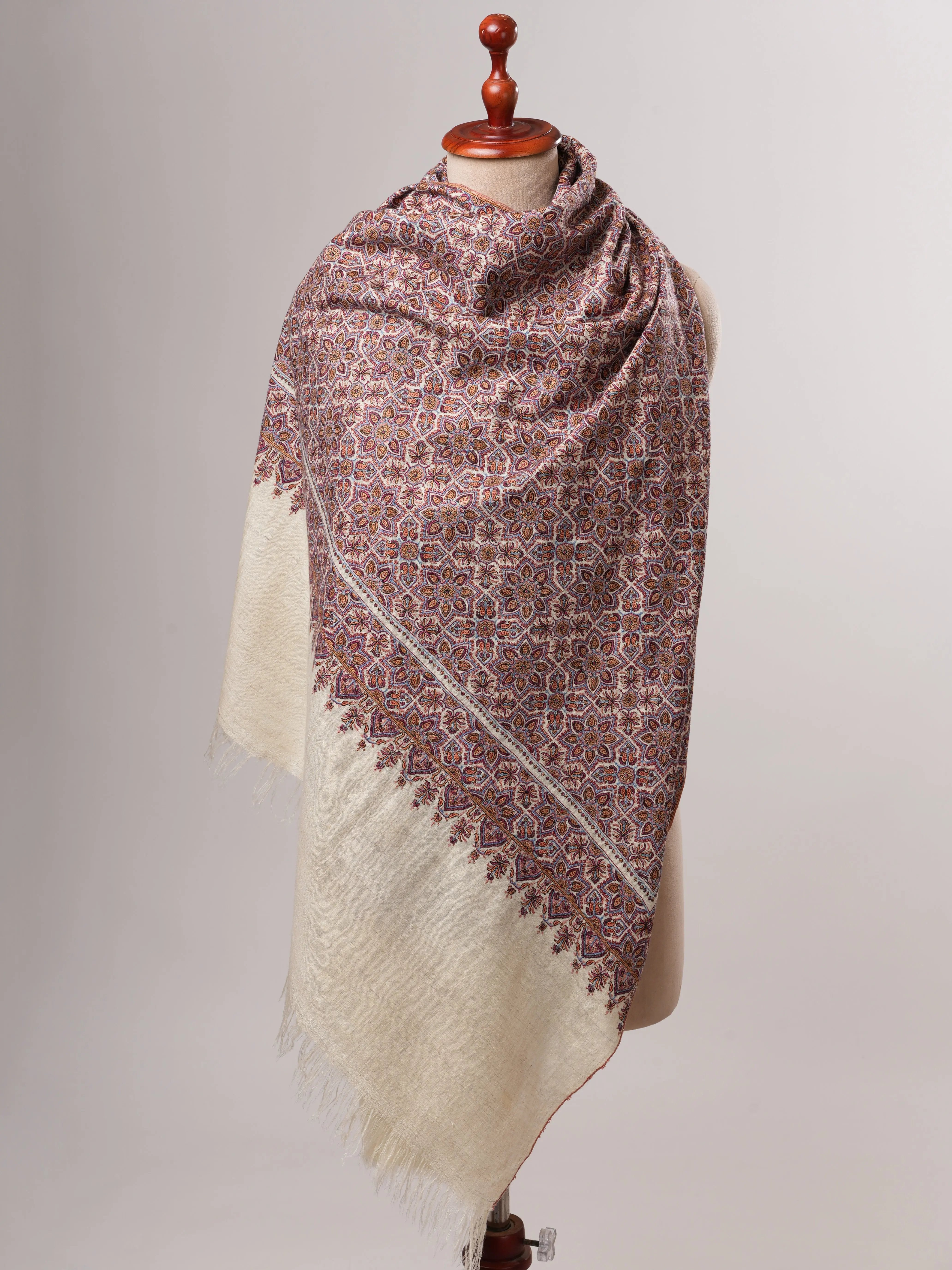 Handspun Handwoven Pashmina Shawl with Fine Jamavar Sozni Embroidery Shahkaar
