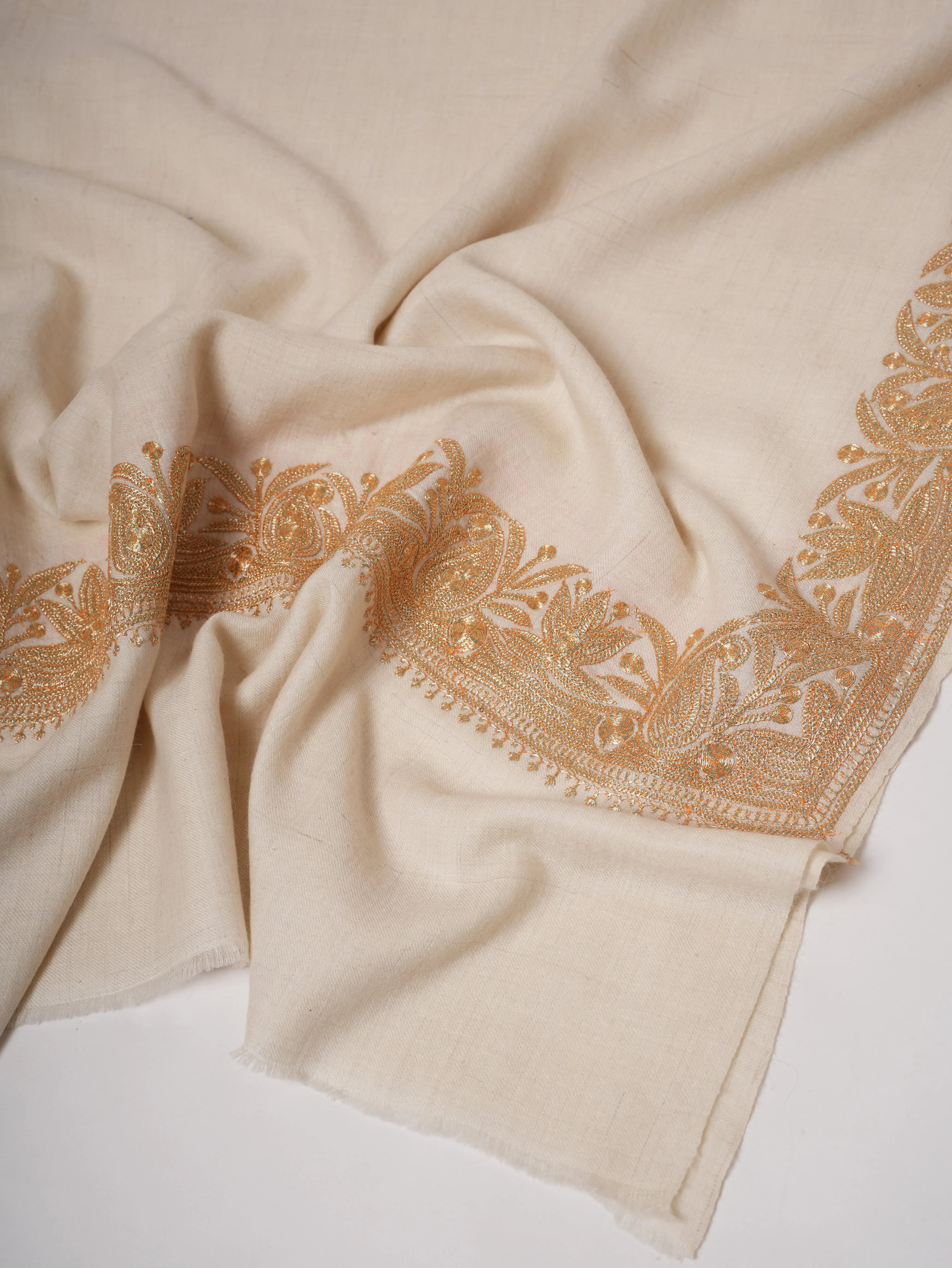 Ivory Pashmina Shawl with Gold Tilla Daurdar Embroidery Shahkaar