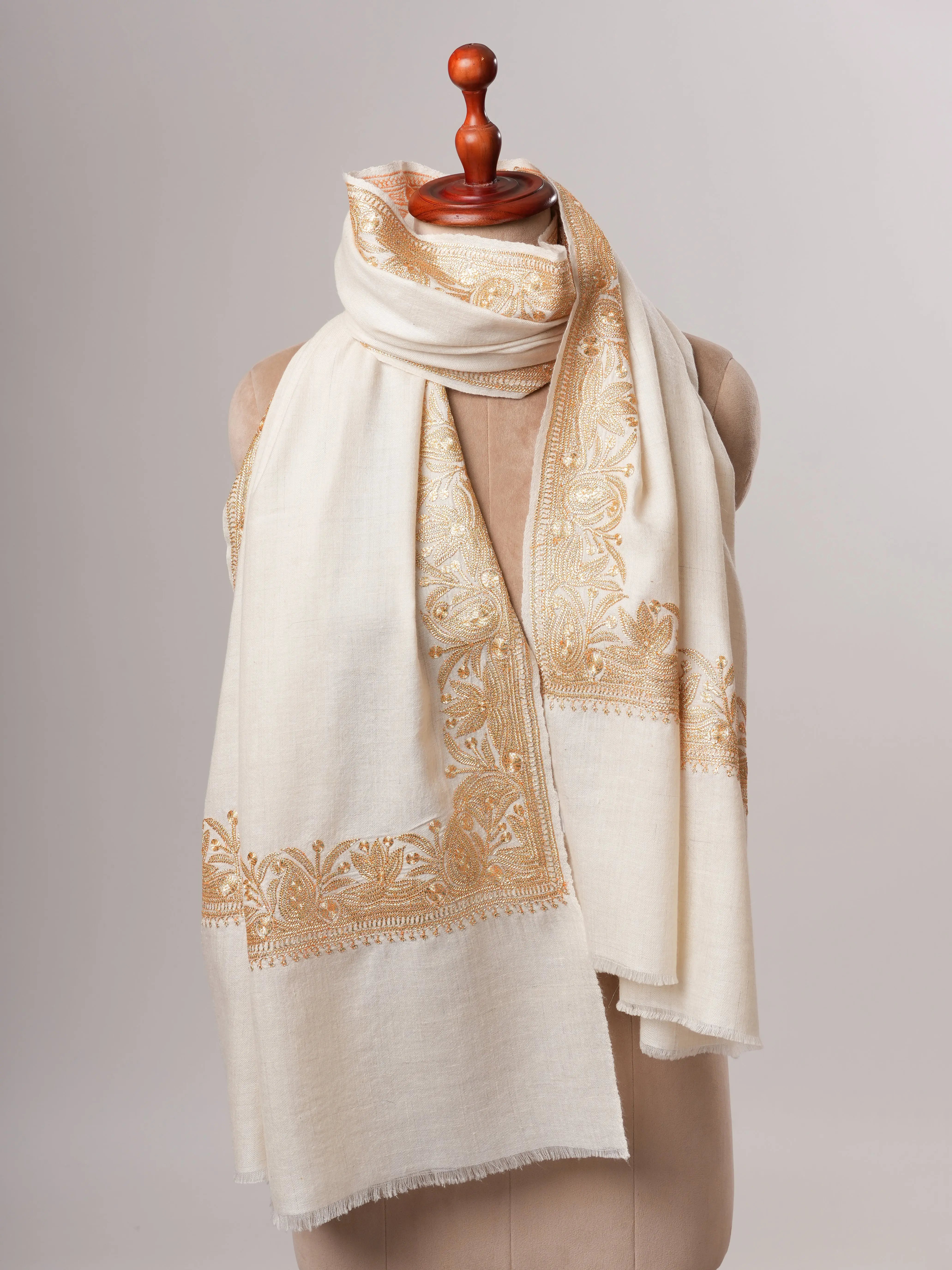 Ivory Pashmina Shawl with Gold Tilla Daurdar Embroidery Shahkaar