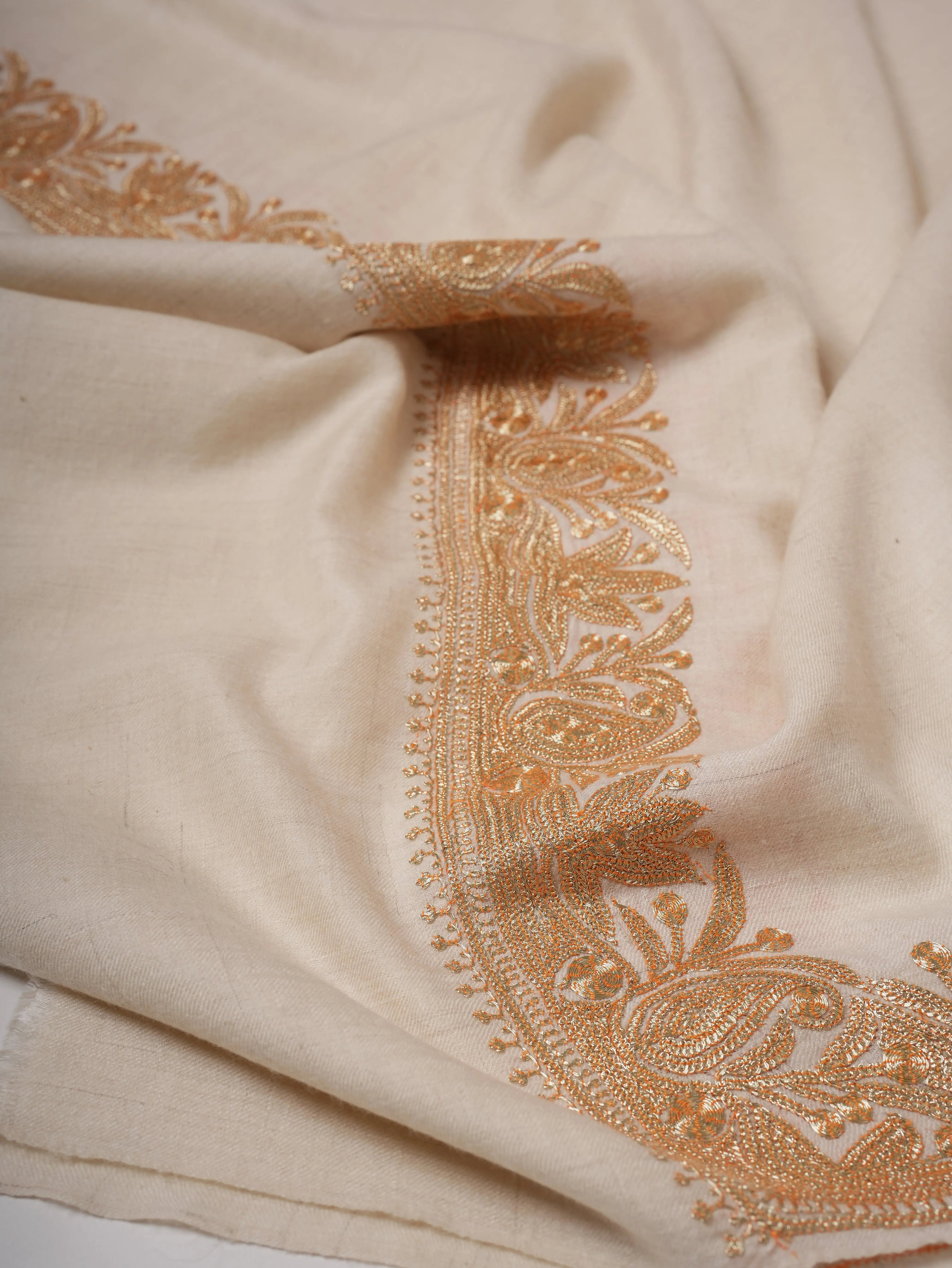 Ivory Pashmina Shawl with Gold Tilla Daurdar Embroidery Shahkaar