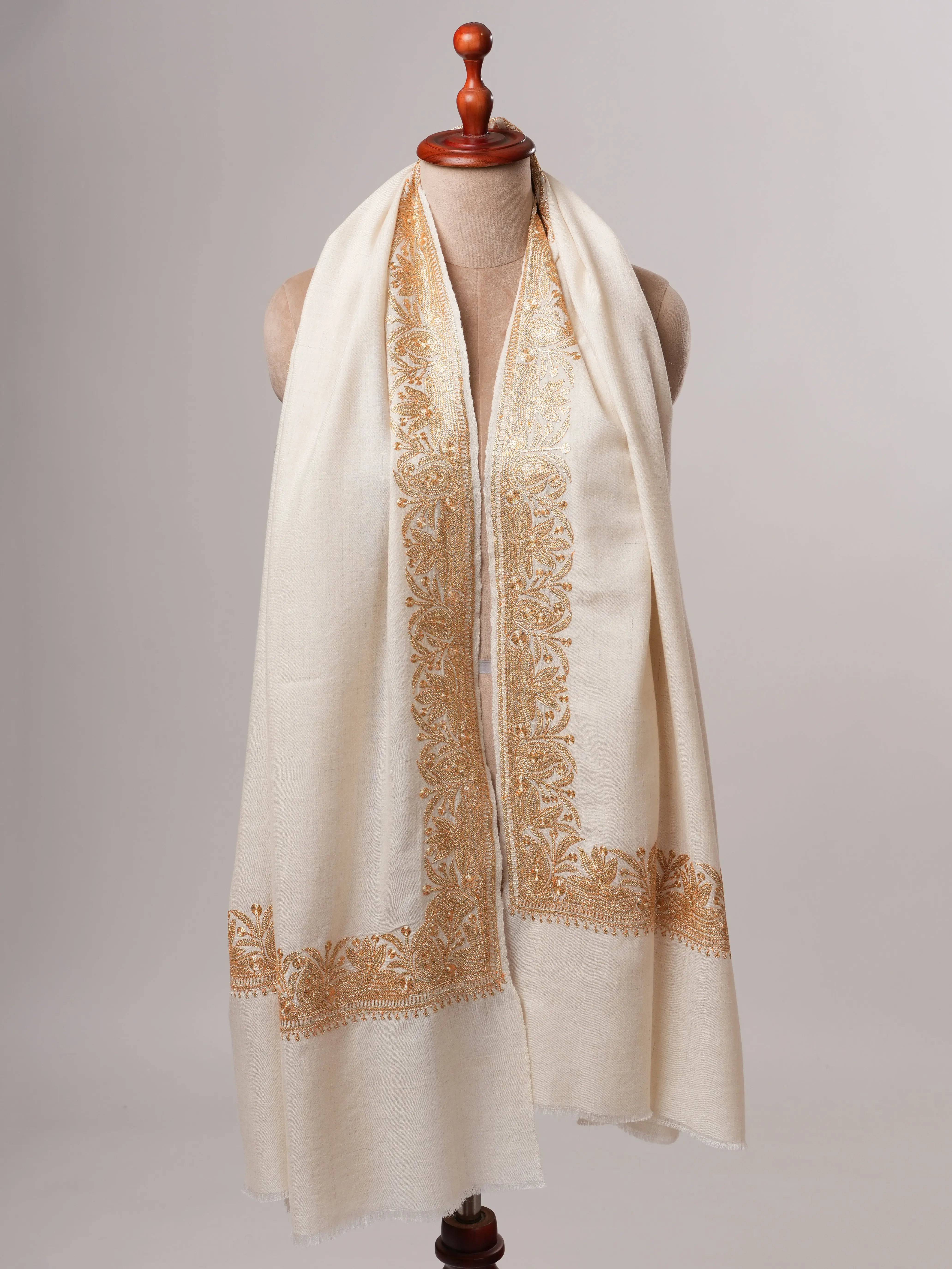 Ivory Pashmina Shawl with Gold Tilla Daurdar Embroidery Shahkaar