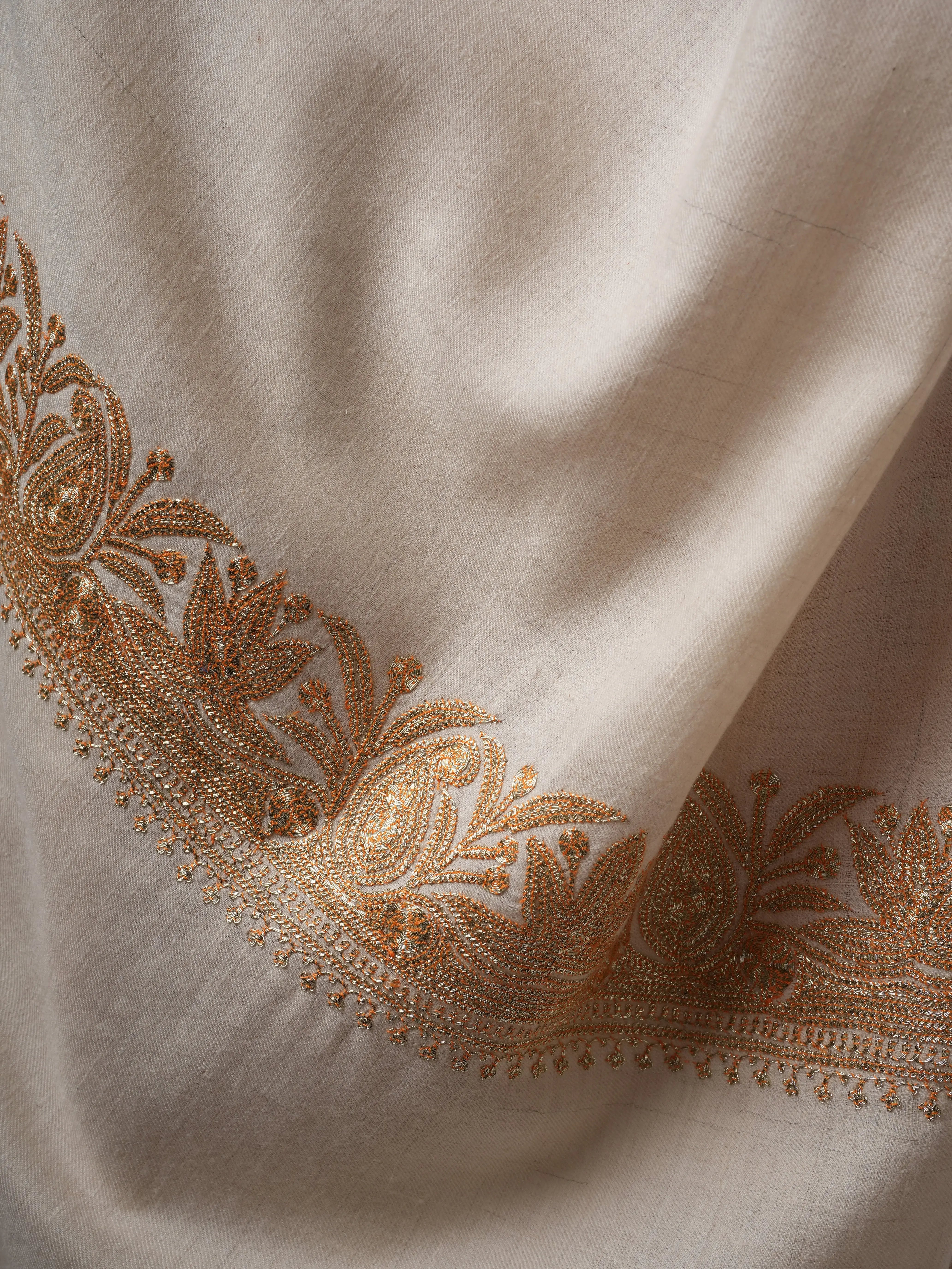 Ivory Pashmina Shawl with Gold Tilla Daurdar Embroidery Shahkaar