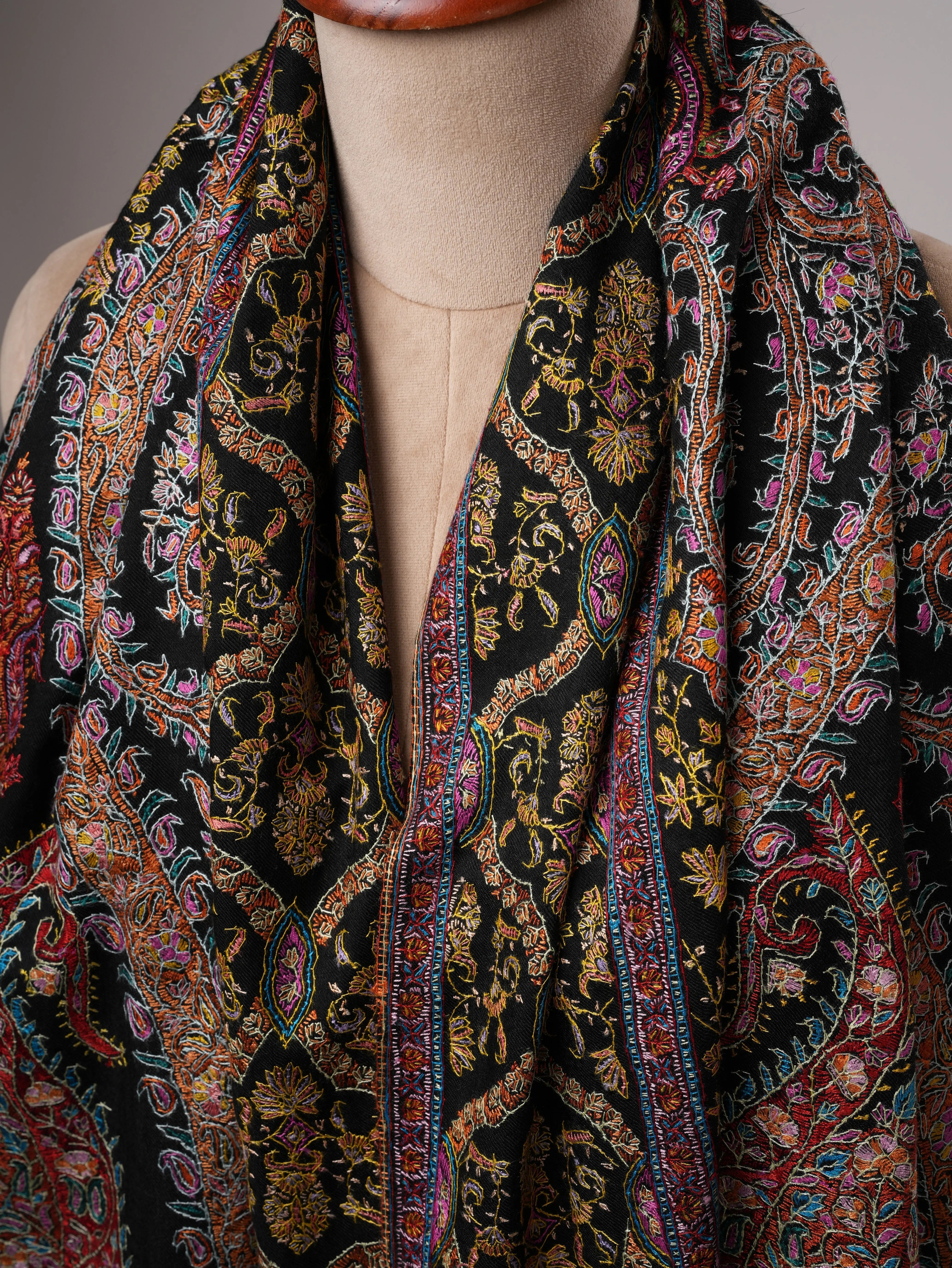 Black Pure Pashmina Jamavar Shawl with Hand Embroidery Shahkaar