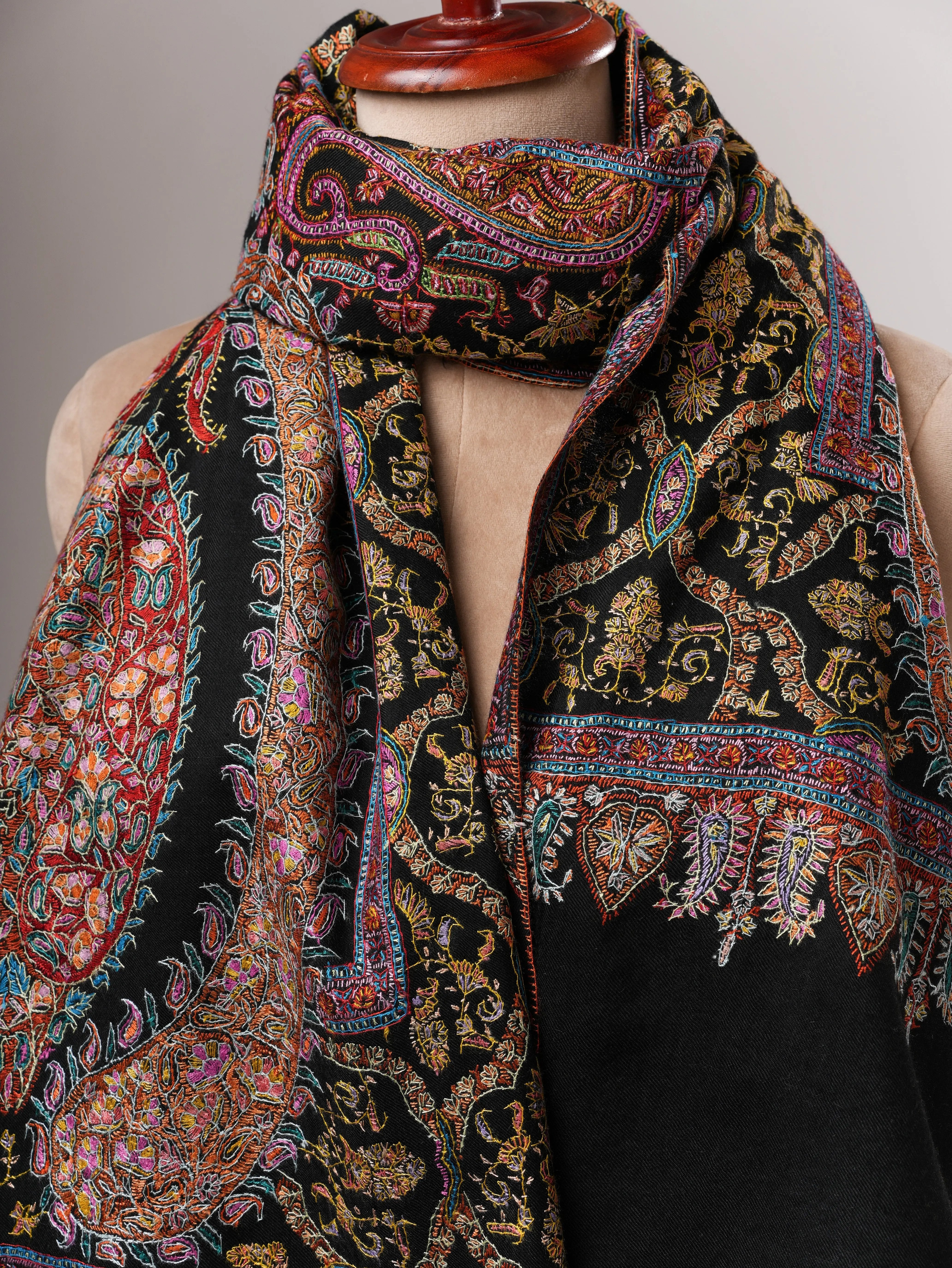Black Pure Pashmina Jamavar Shawl with Hand Embroidery Shahkaar