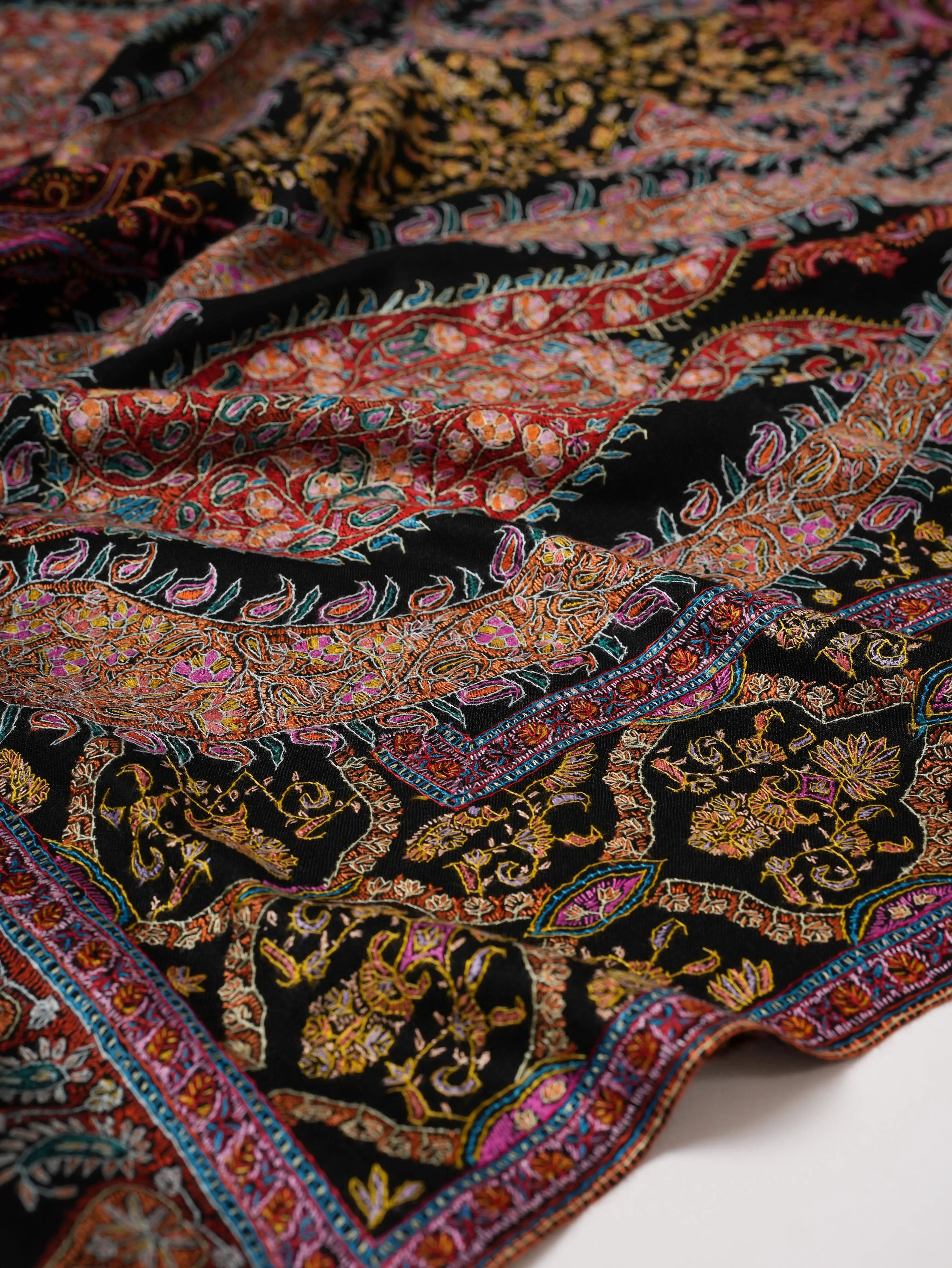Black Pure Pashmina Jamavar Shawl with Hand Embroidery Shahkaar