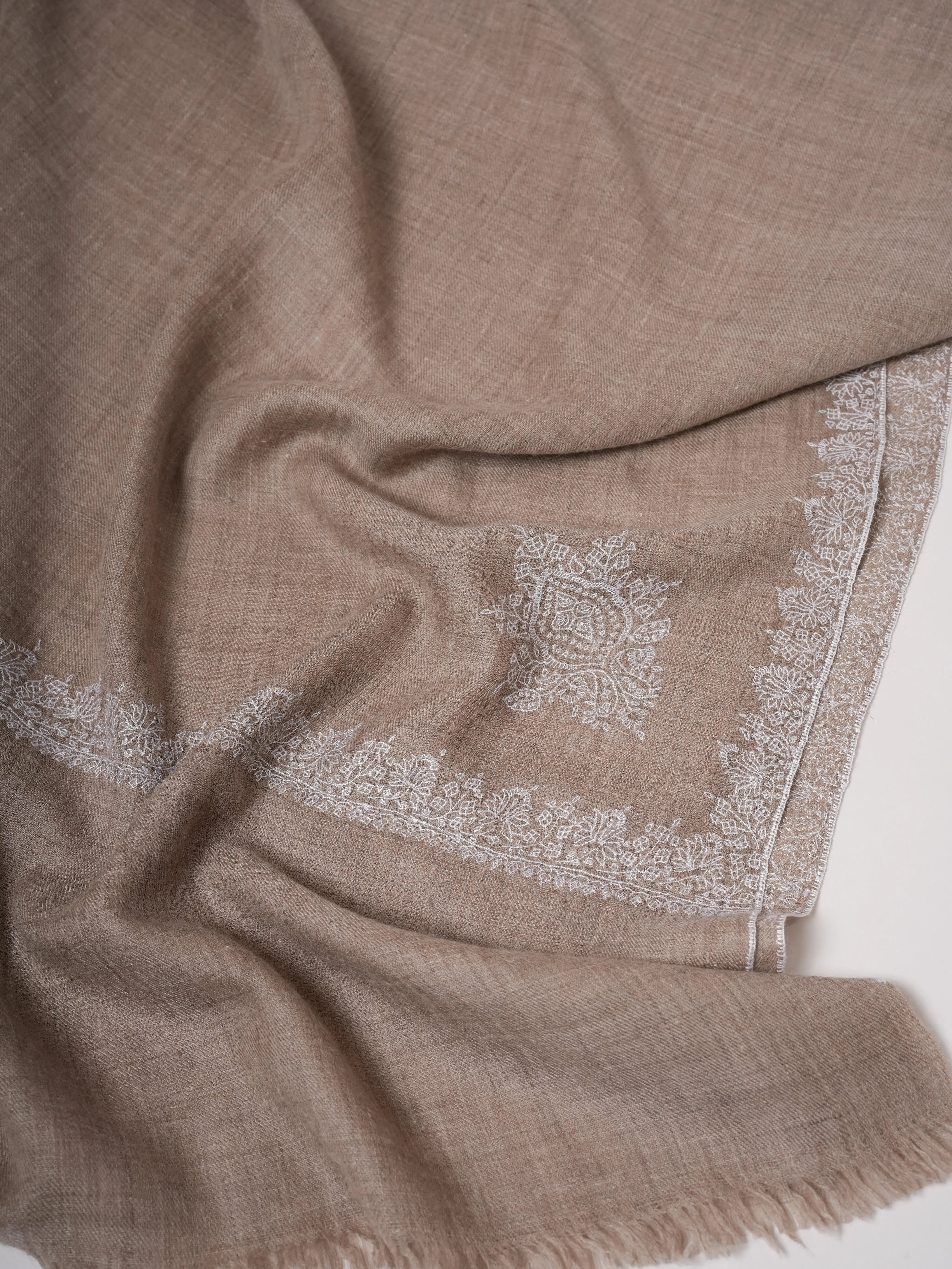 Natural Grey Pashmina Shawl with White Hashia Sozni Embroidery Shahkaar