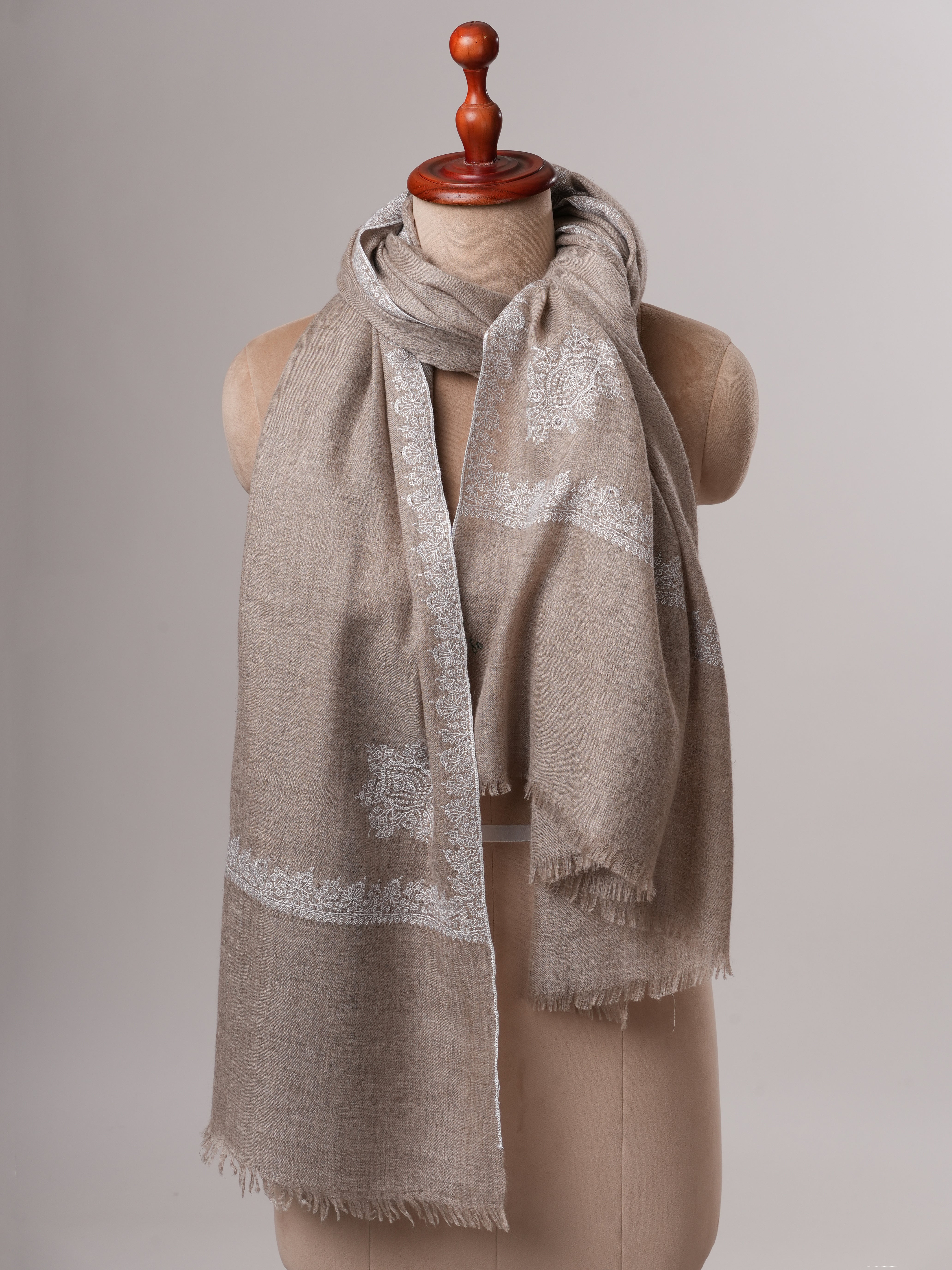 Natural Grey Pashmina Shawl with White Hashia Sozni Embroidery Shahkaar
