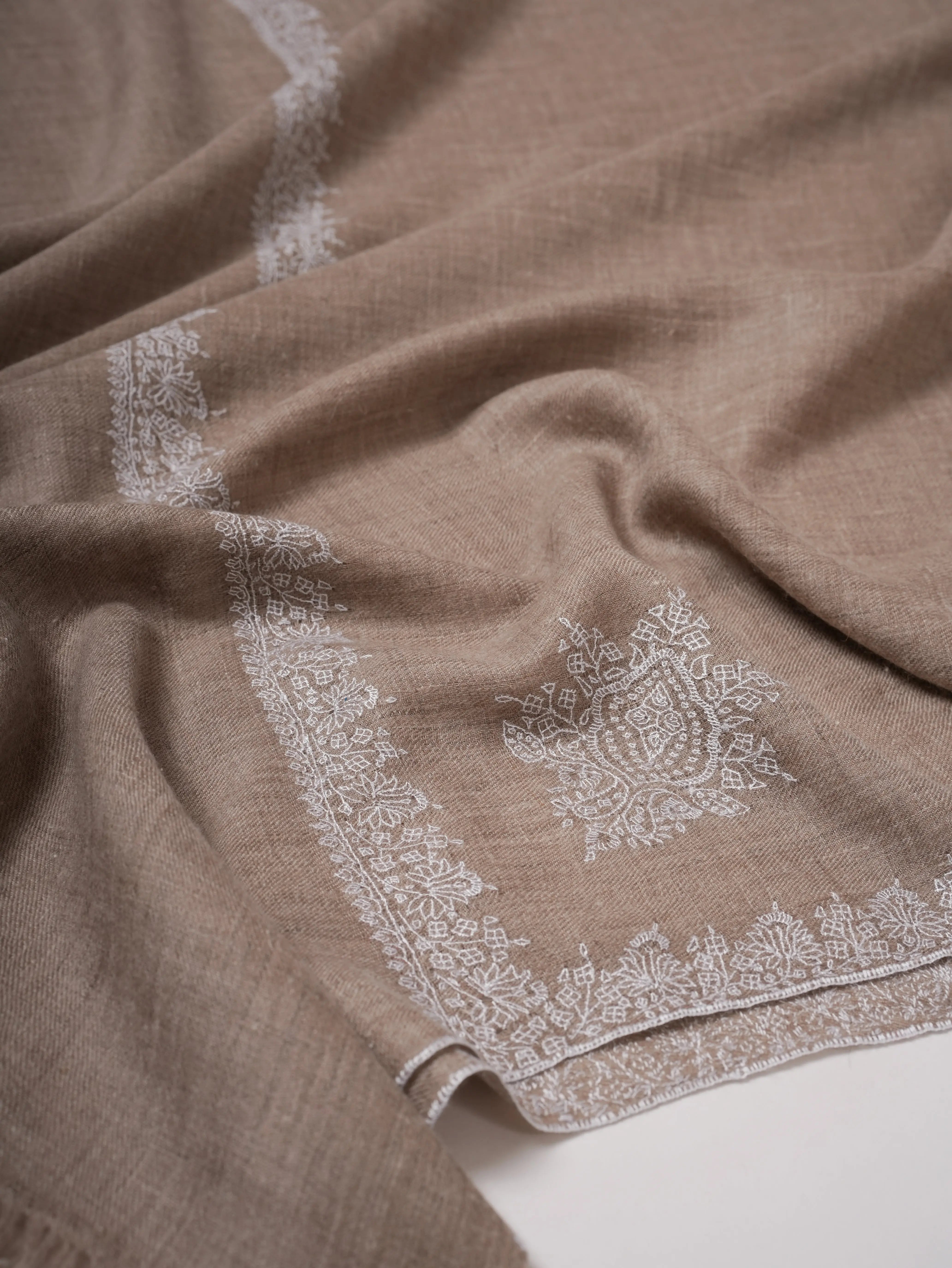 Natural Grey Pashmina Shawl with White Hashia Sozni Embroidery Shahkaar