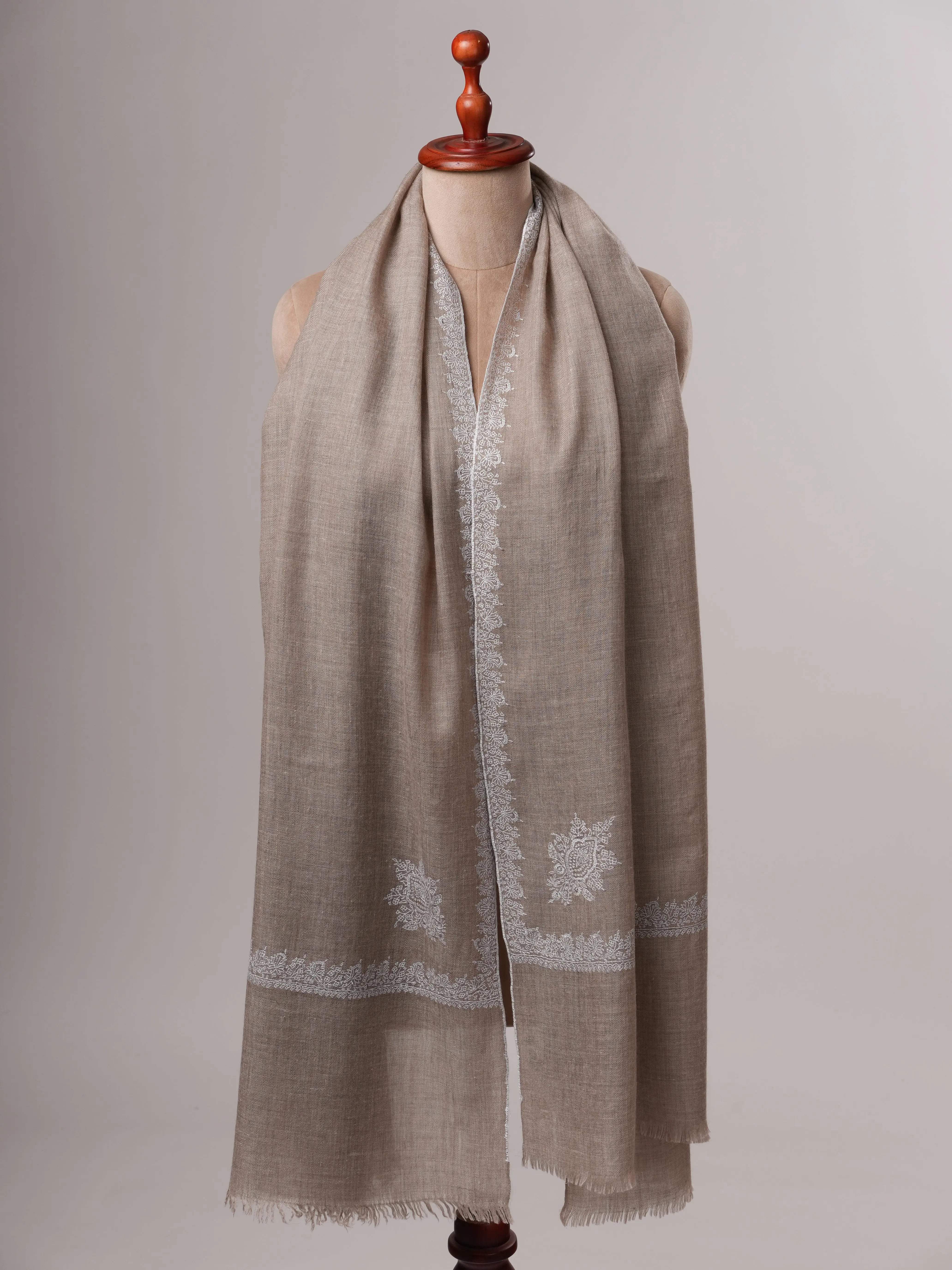 Natural Grey Pashmina Shawl with White Hashia Sozni Embroidery Shahkaar