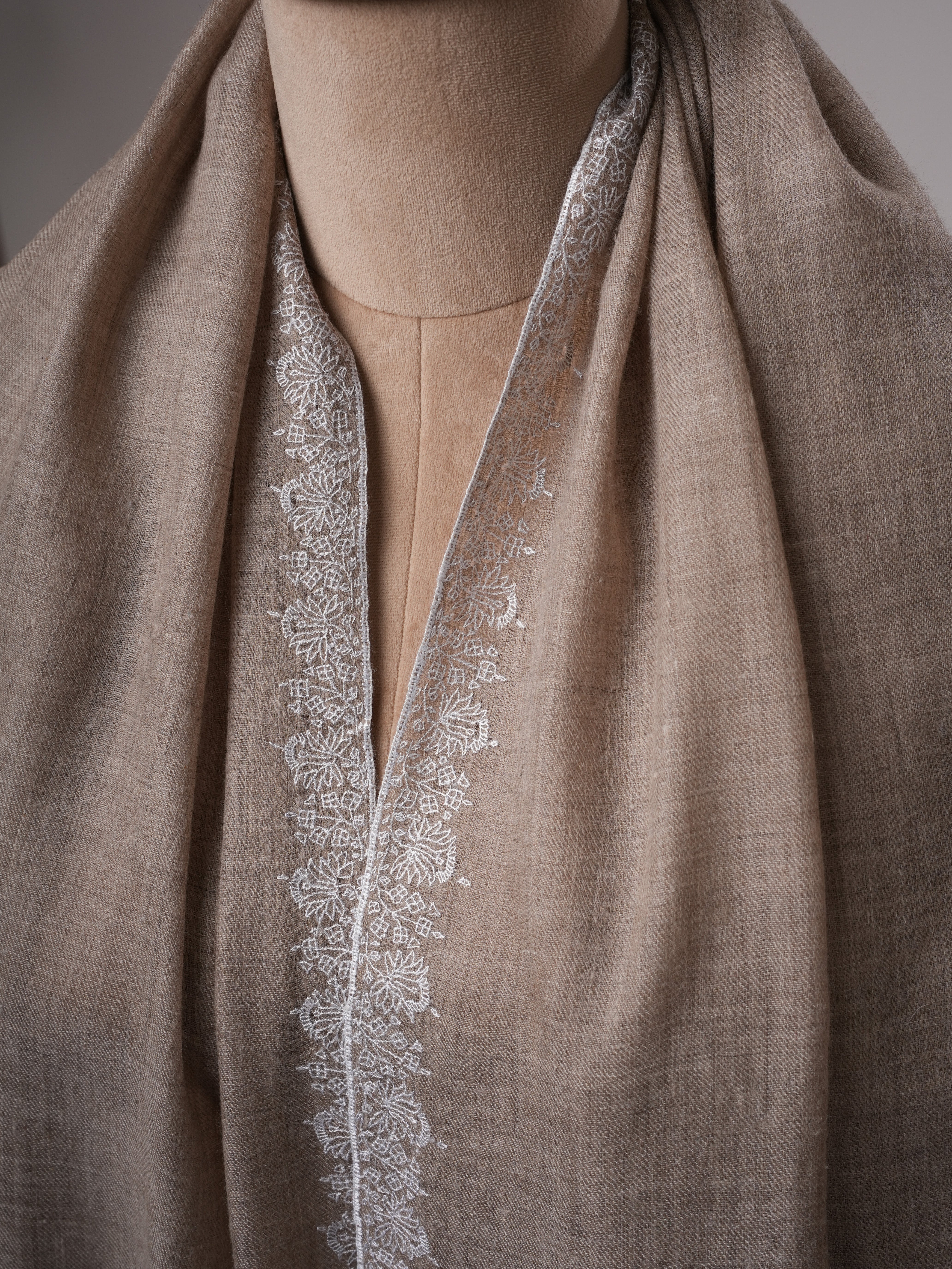 Natural Grey Pashmina Shawl with White Hashia Sozni Embroidery Shahkaar