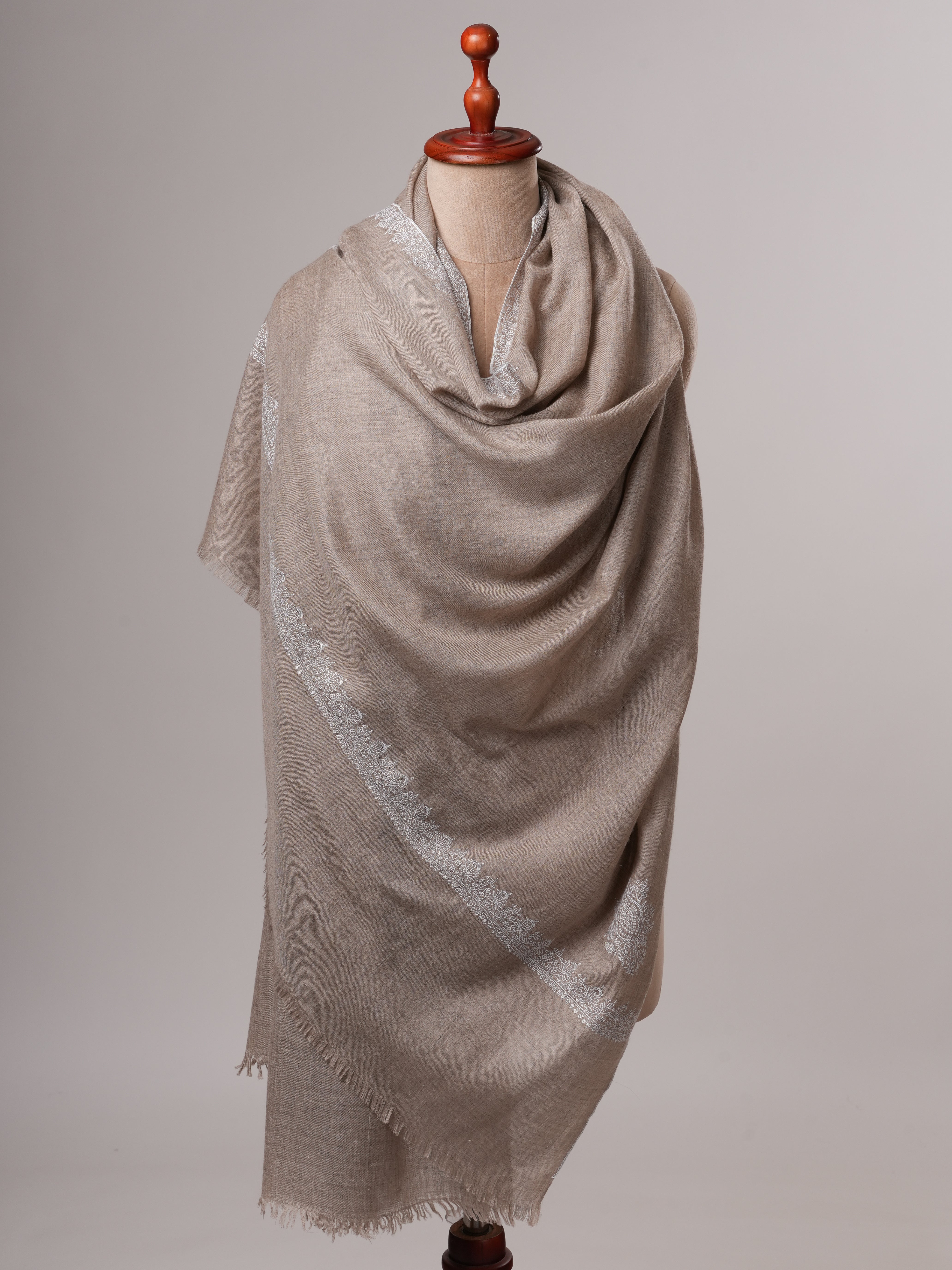 Natural Grey Pashmina Shawl with White Hashia Sozni Embroidery Shahkaar