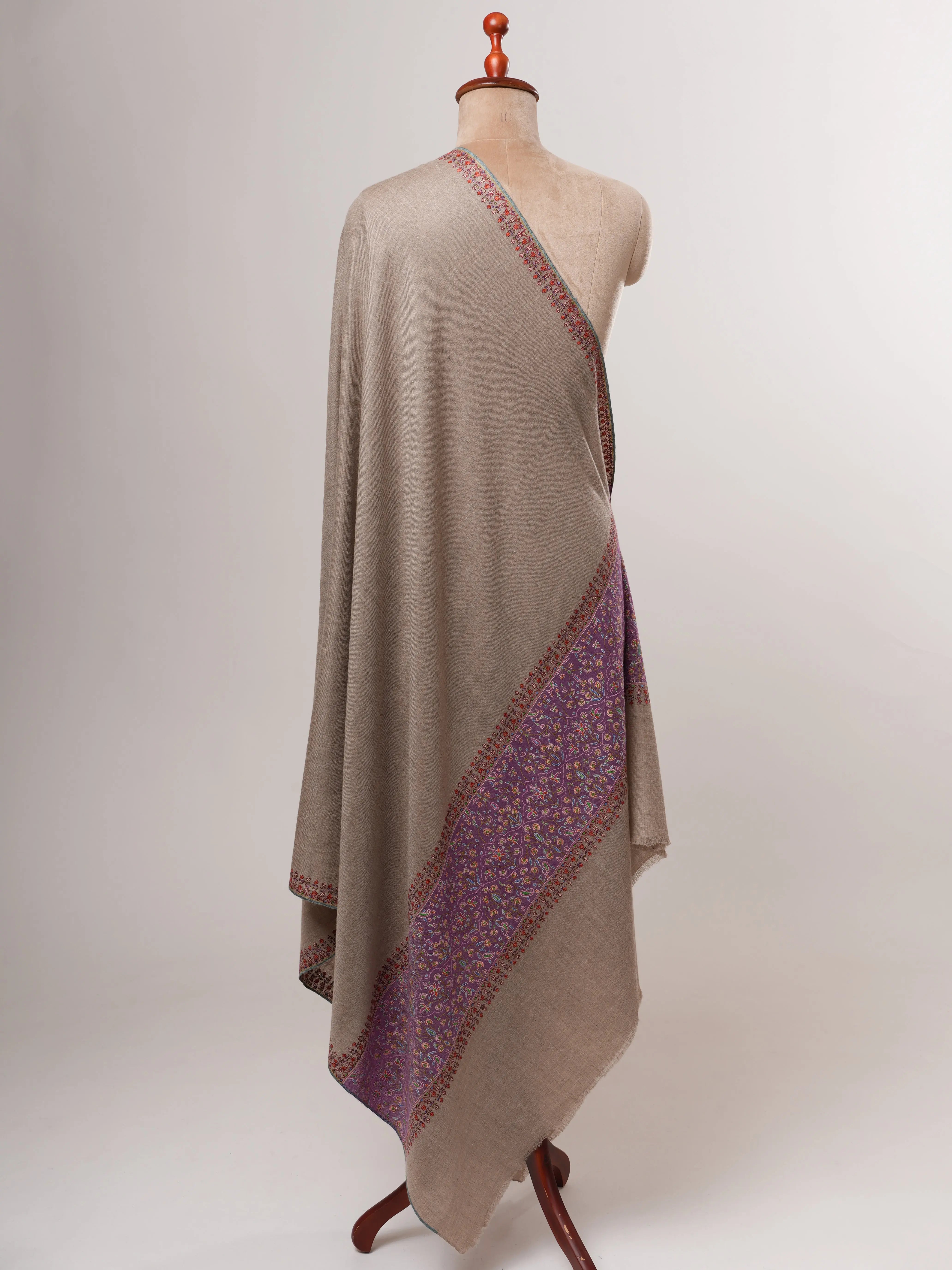 Natural Grey Kashmiri Pashmina Shawl – Palla Purple Sozni Embroidery Shahkaar
