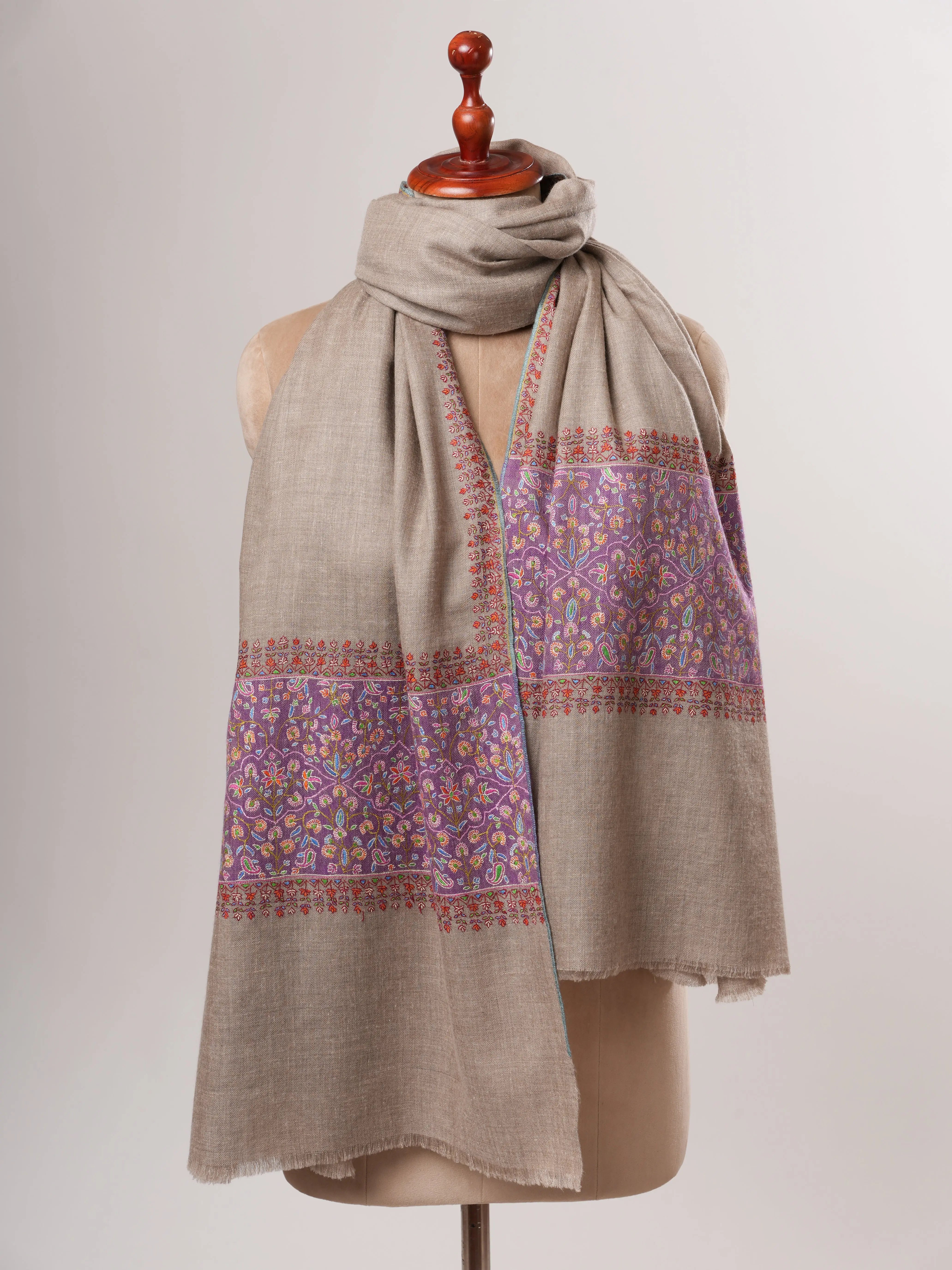 Natural Grey Kashmiri Pashmina Shawl – Palla Purple Sozni Embroidery Shahkaar