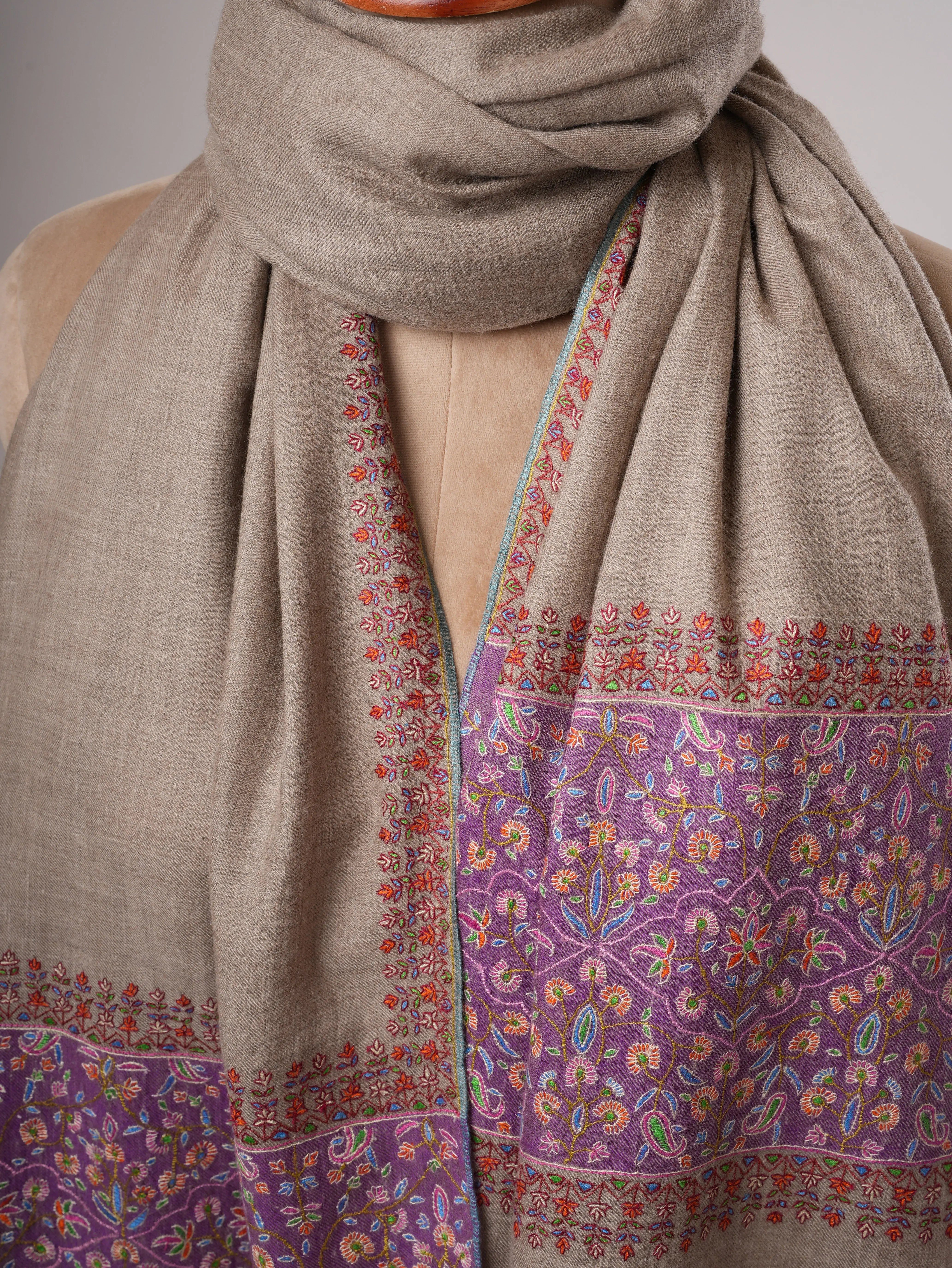 Natural Grey Kashmiri Pashmina Shawl – Palla Purple Sozni Embroidery Shahkaar