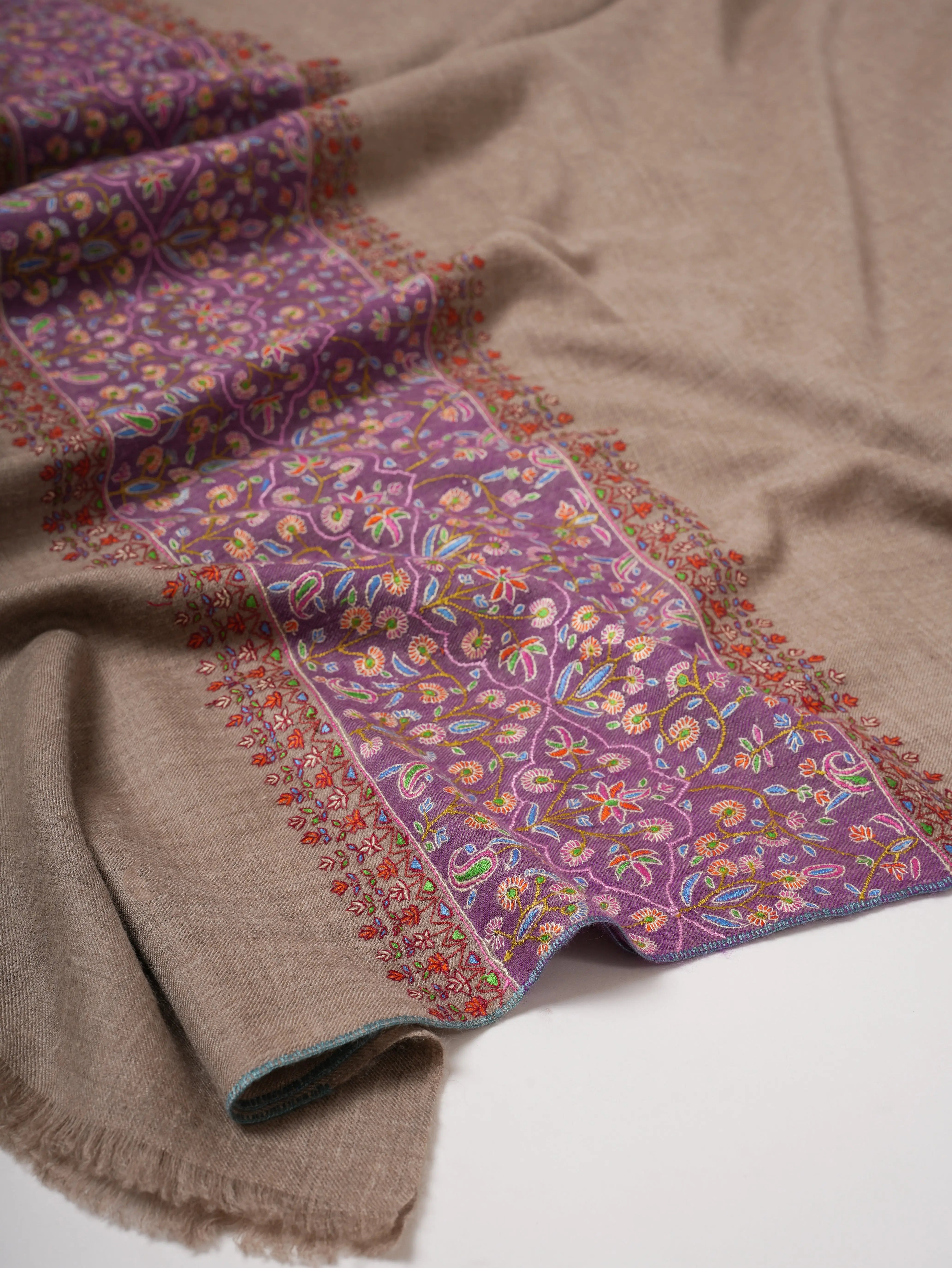 Natural Grey Kashmiri Pashmina Shawl – Palla Purple Sozni Embroidery Shahkaar