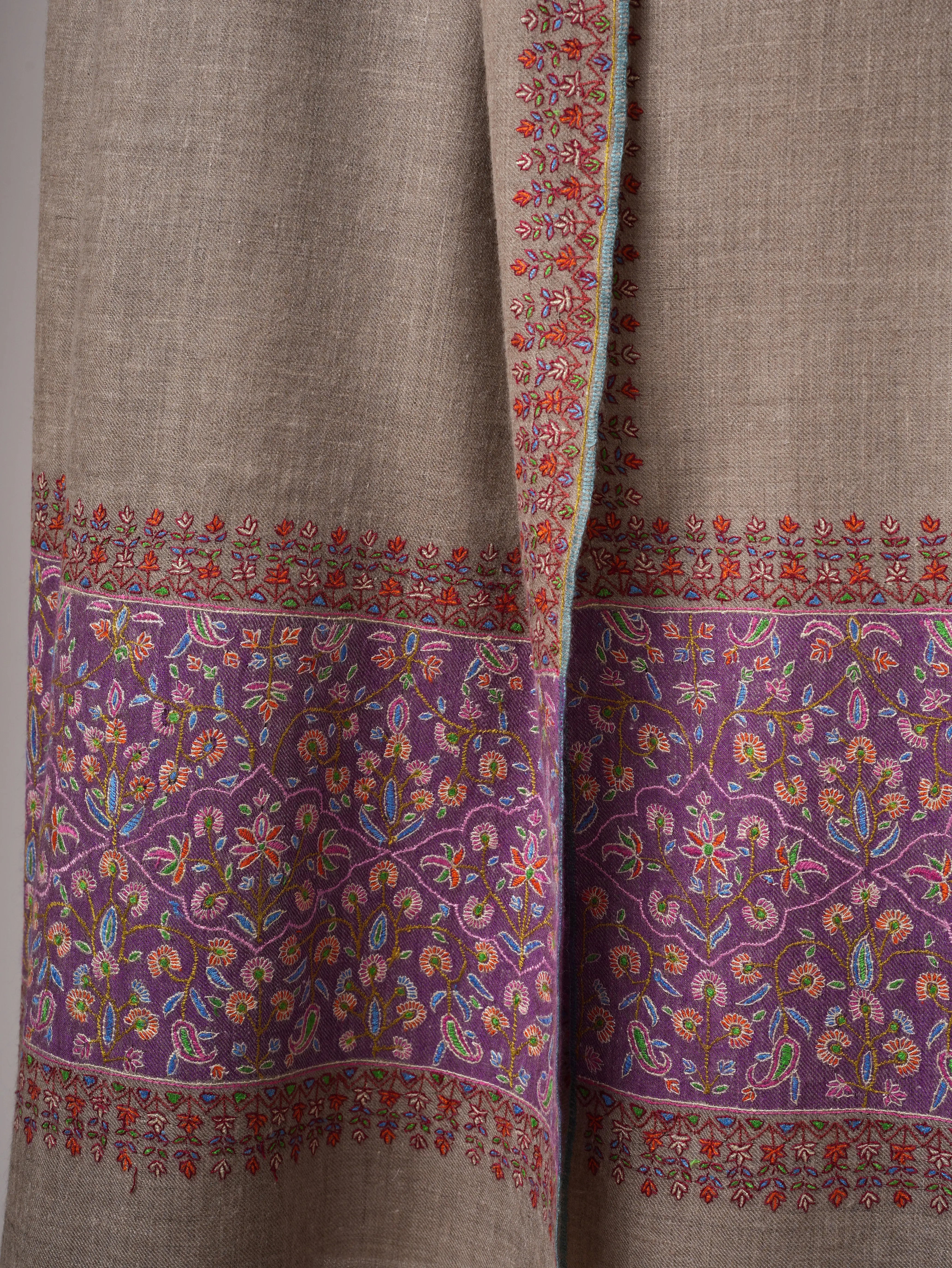 Natural Grey Kashmiri Pashmina Shawl – Palla Purple Sozni Embroidery Shahkaar