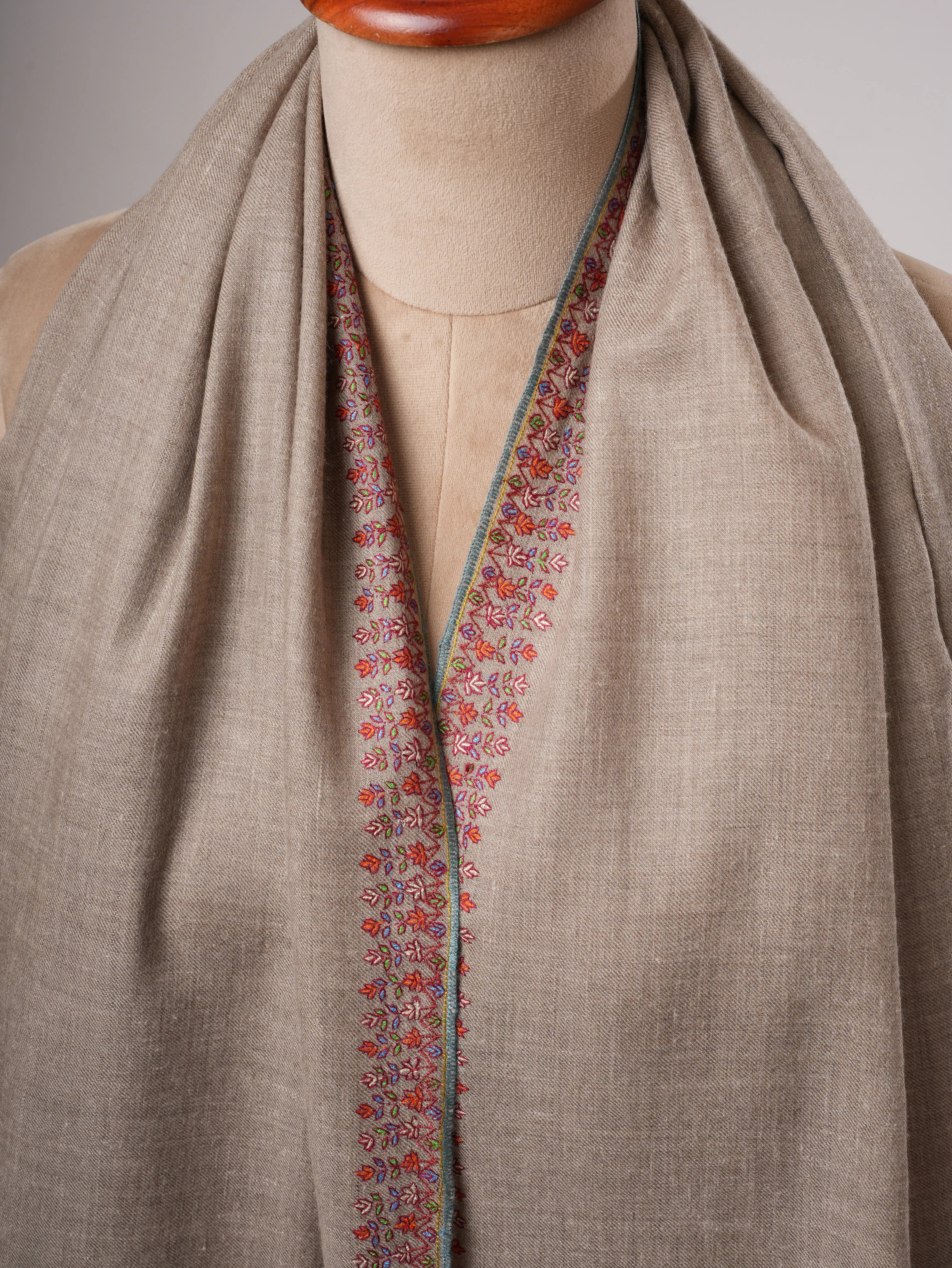 Natural Grey Kashmiri Pashmina Shawl – Palla Purple Sozni Embroidery Shahkaar
