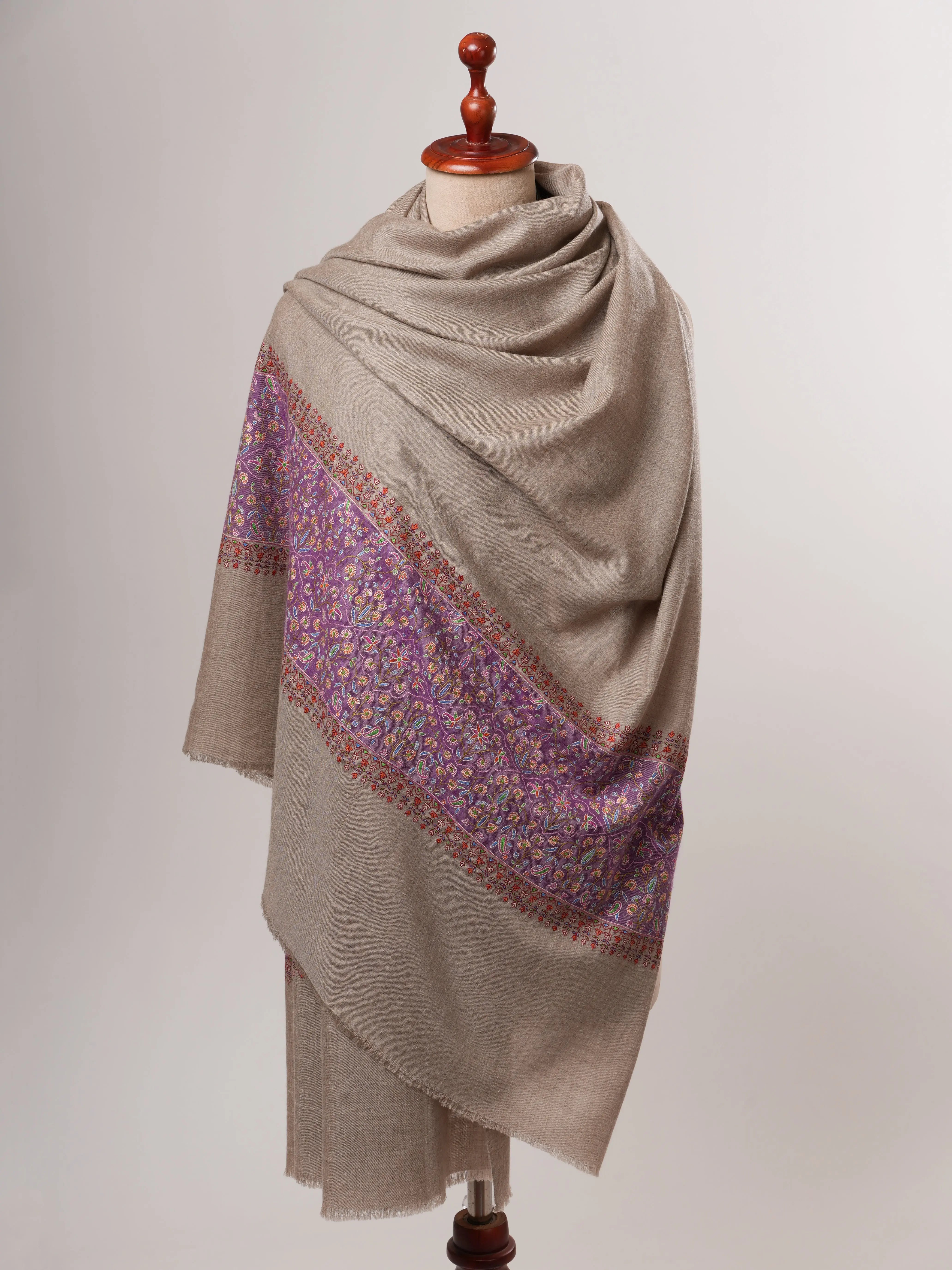 Natural Grey Kashmiri Pashmina Shawl – Palla Purple Sozni Embroidery Shahkaar
