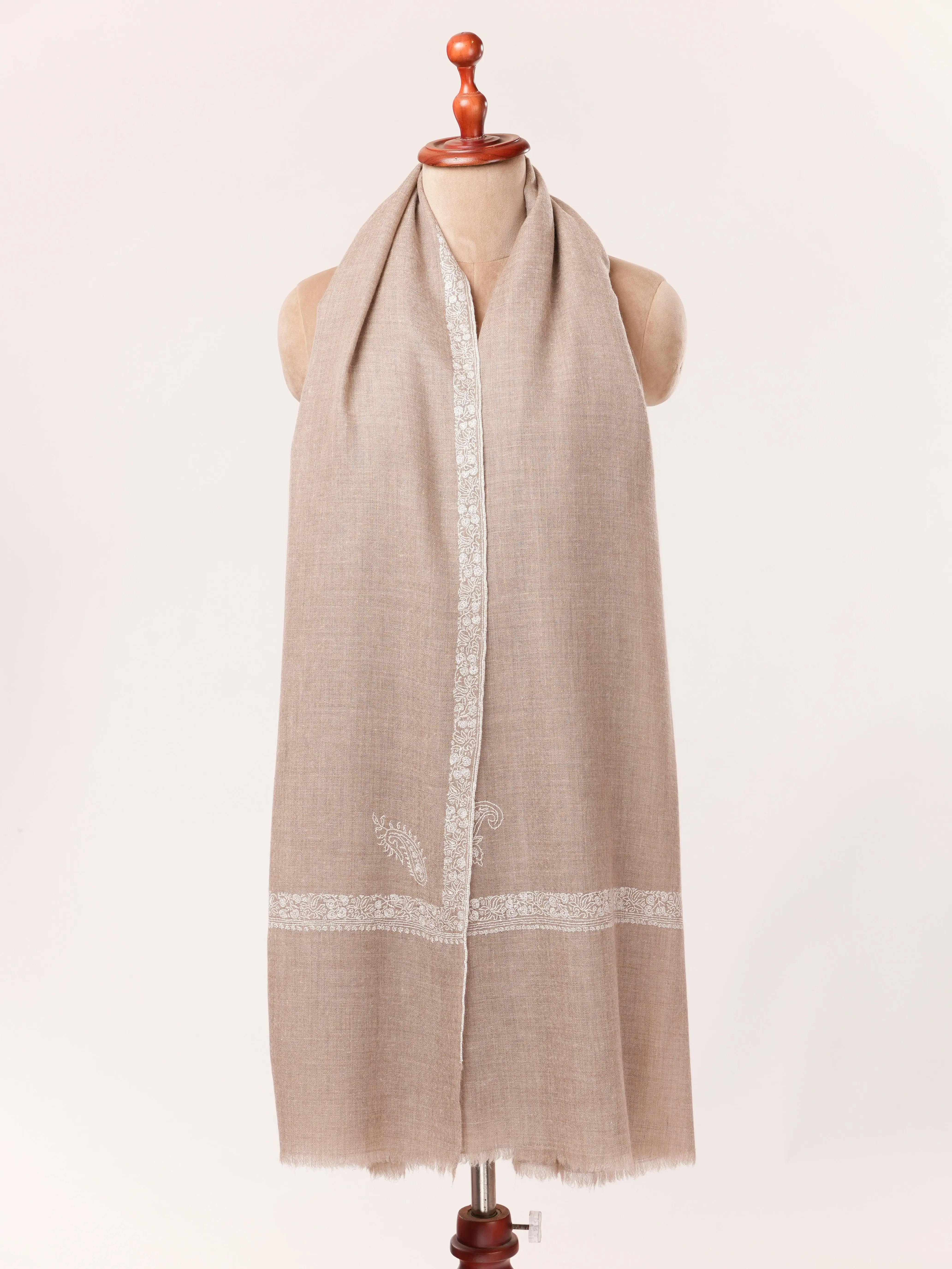 Beige Kashmiri Handwoven Pashmina Shawl with White Sozni Embroidery Shahkaar.com