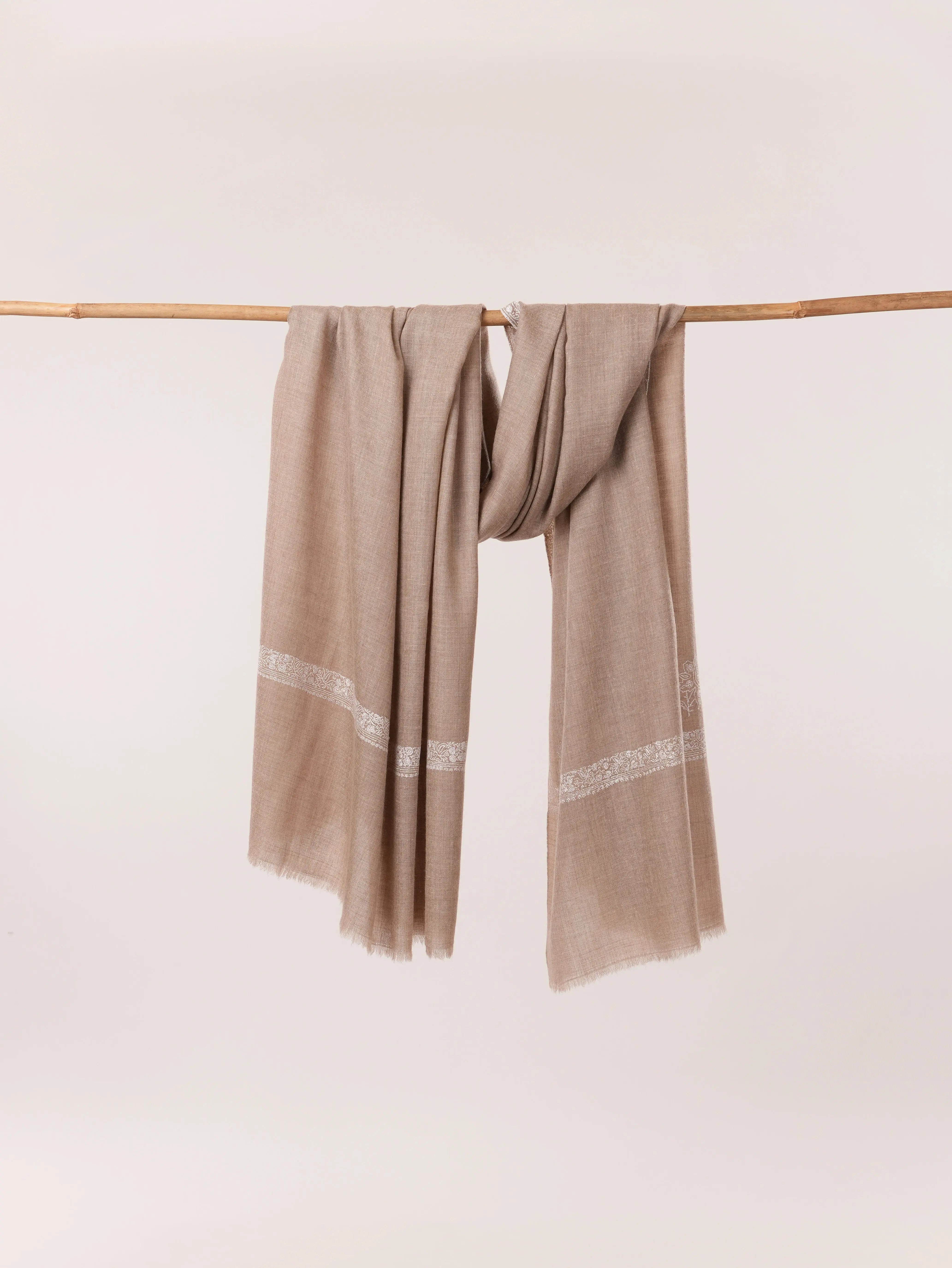Beige Kashmiri Handwoven Pashmina Shawl with White Sozni Embroidery Shahkaar.com
