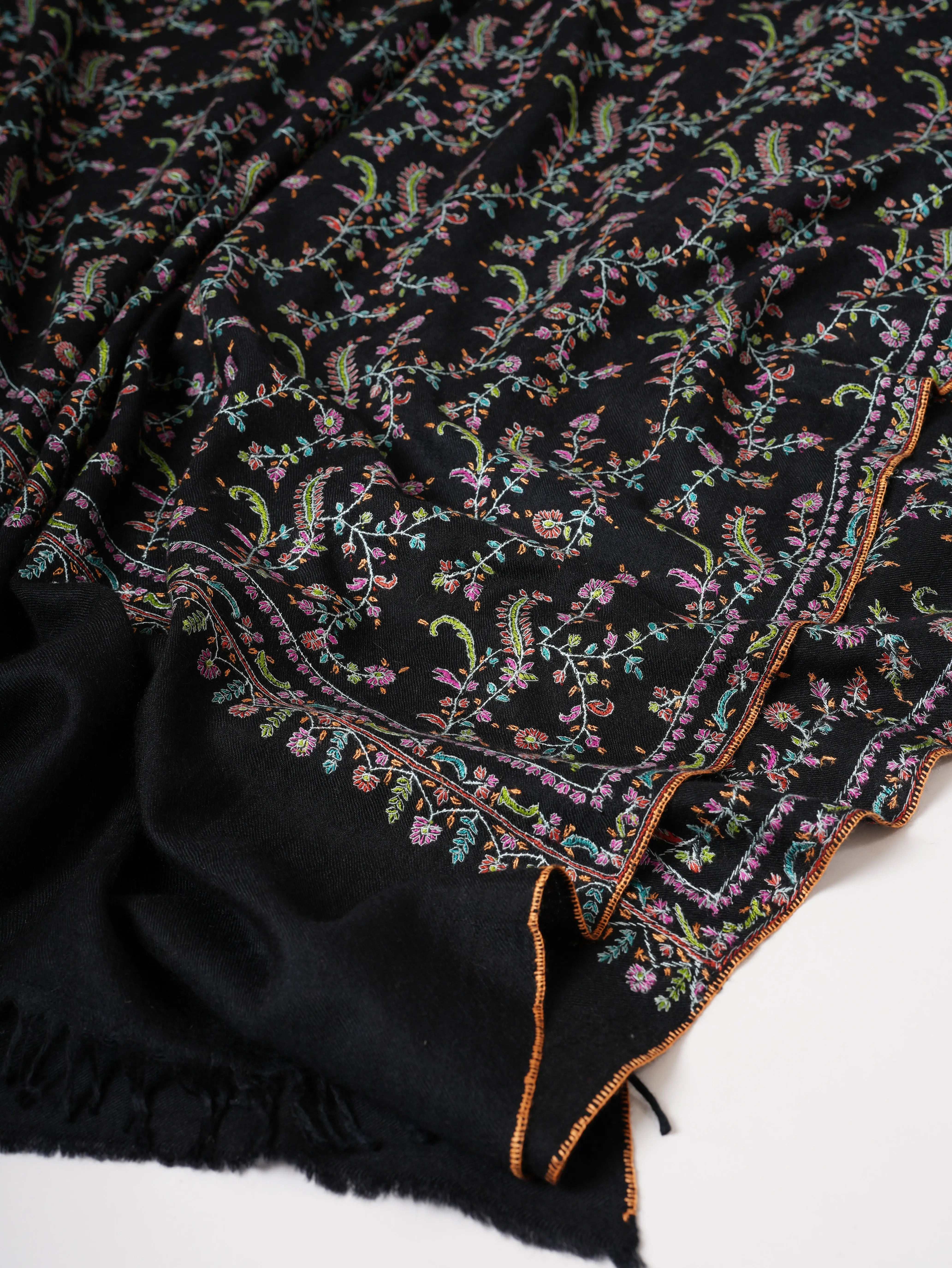 Black Pashmina Shawl with Fine Detailed Sozni Jali Embroidery Shahkaar