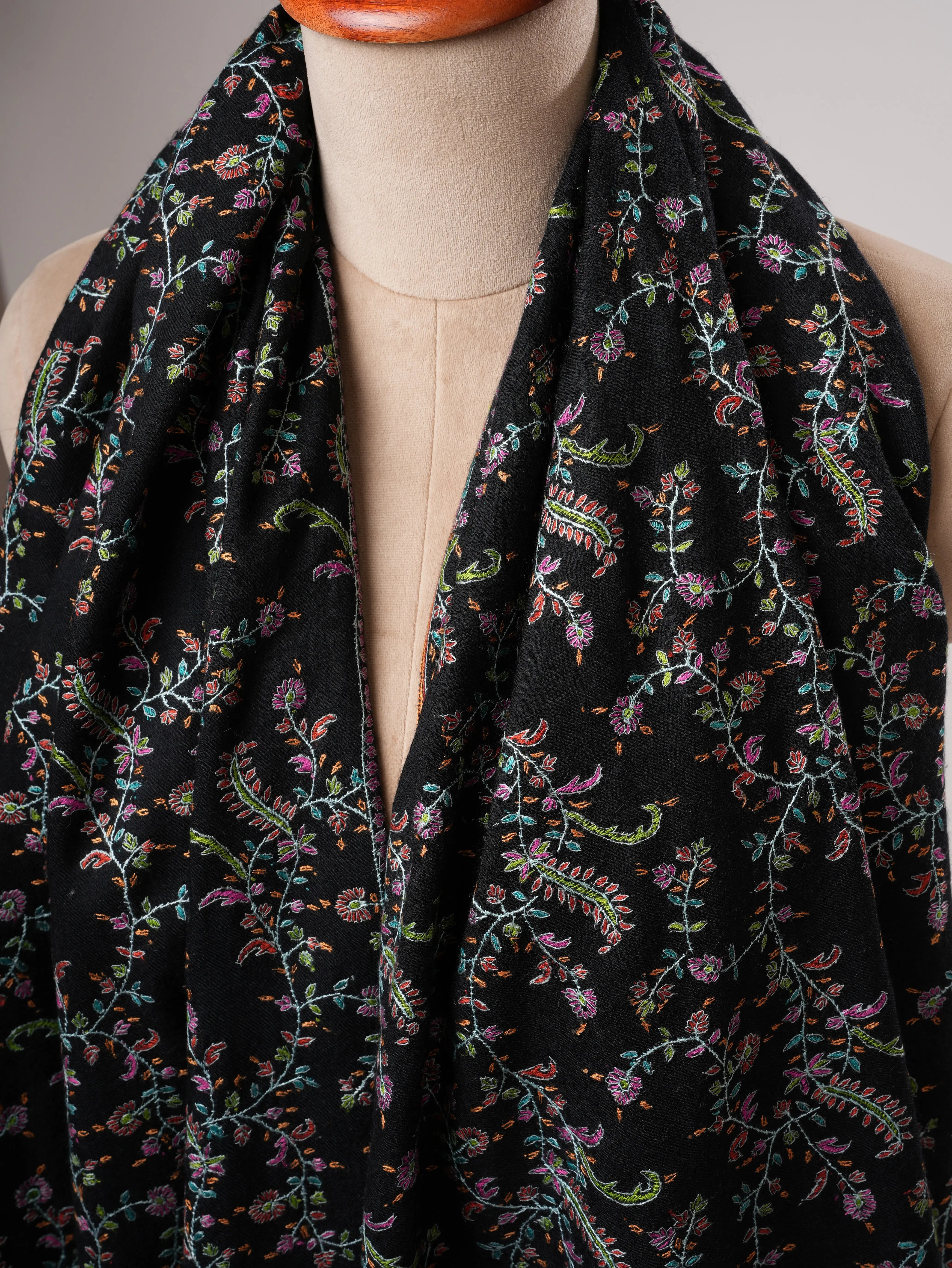 Black Pashmina Shawl with Fine Detailed Sozni Jali Embroidery Shahkaar