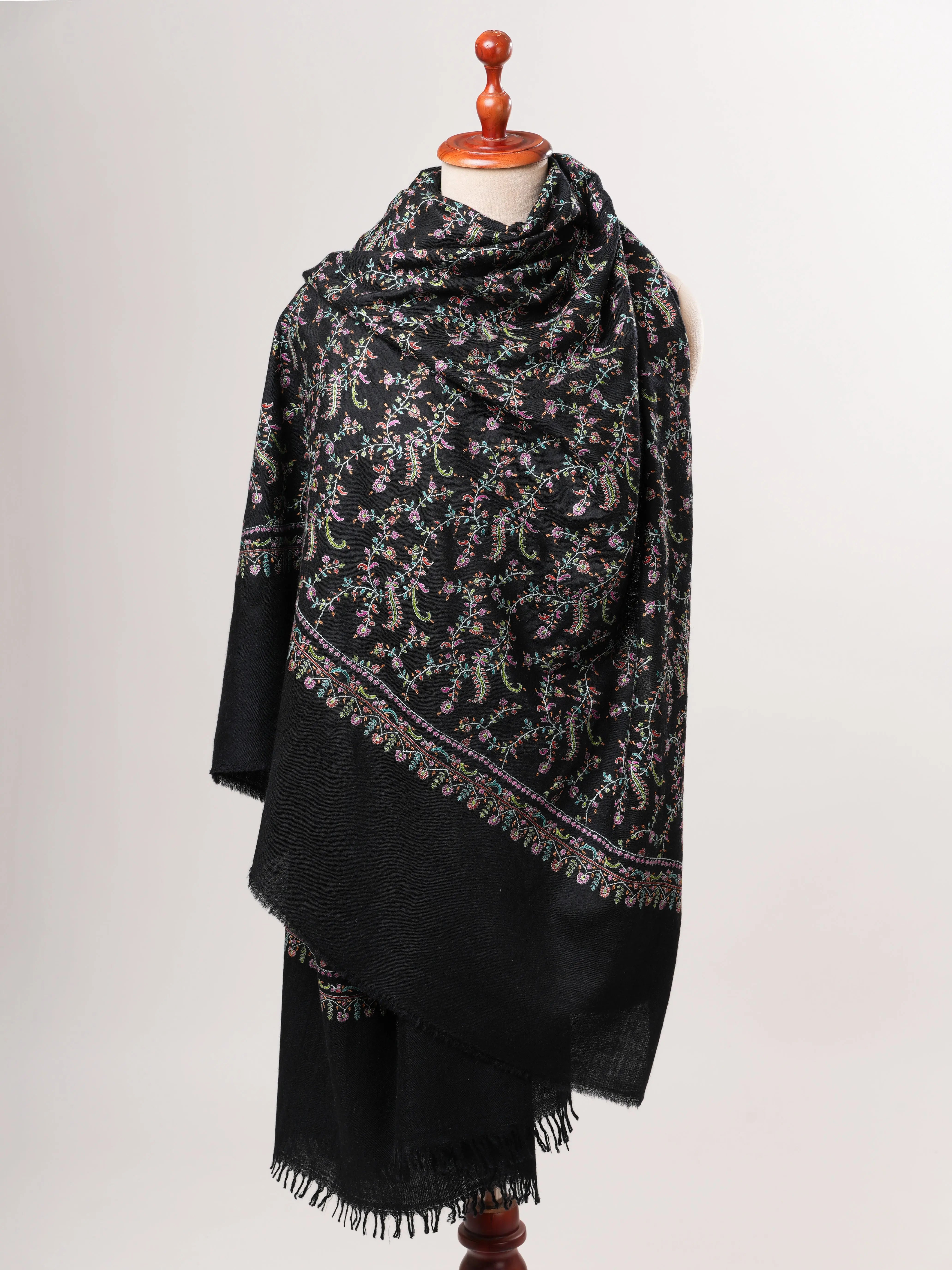 Black Pashmina Shawl with Fine Detailed Sozni Jali Embroidery Shahkaar