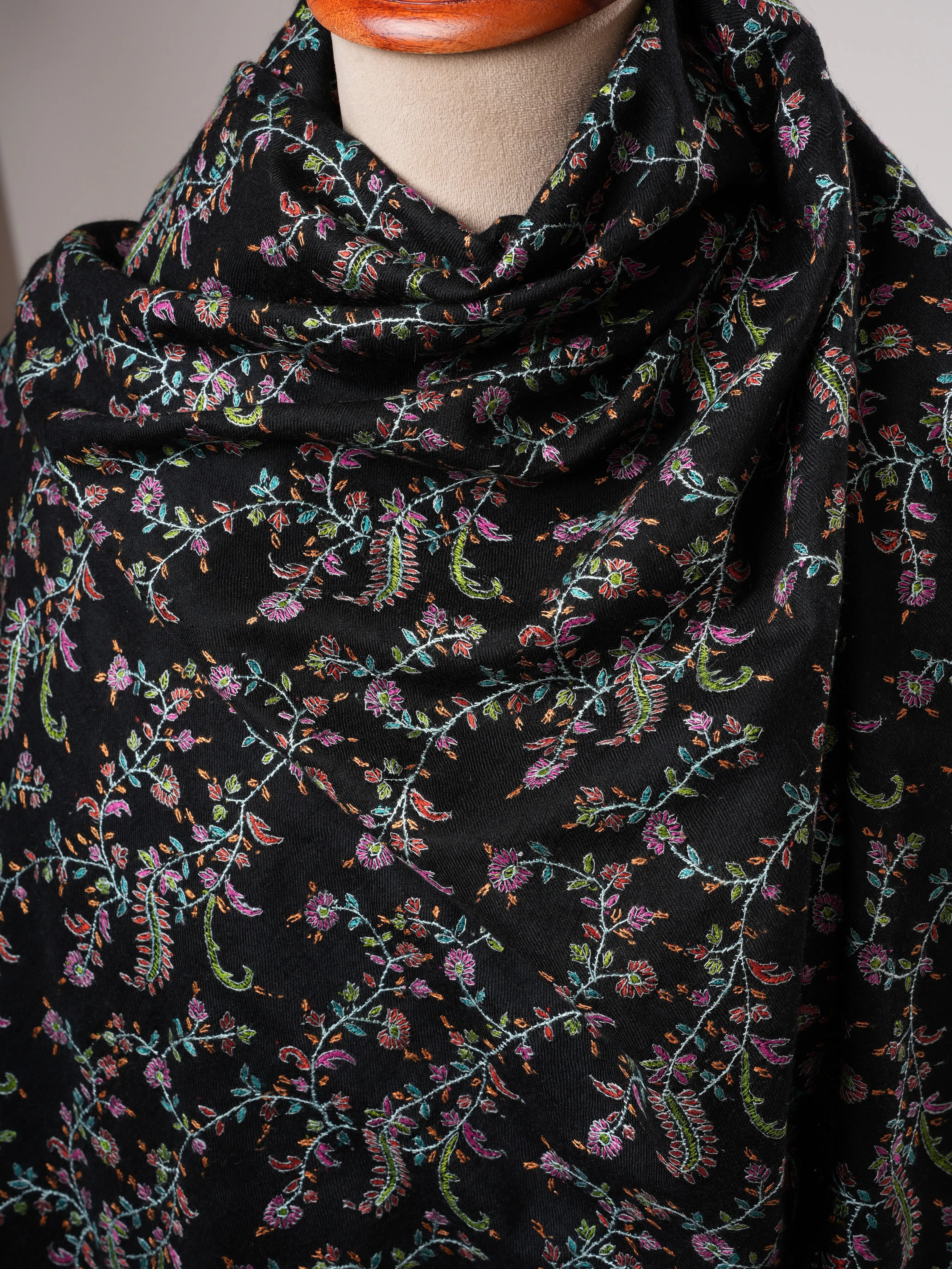 Black Pashmina Shawl with Fine Detailed Sozni Jali Embroidery Shahkaar