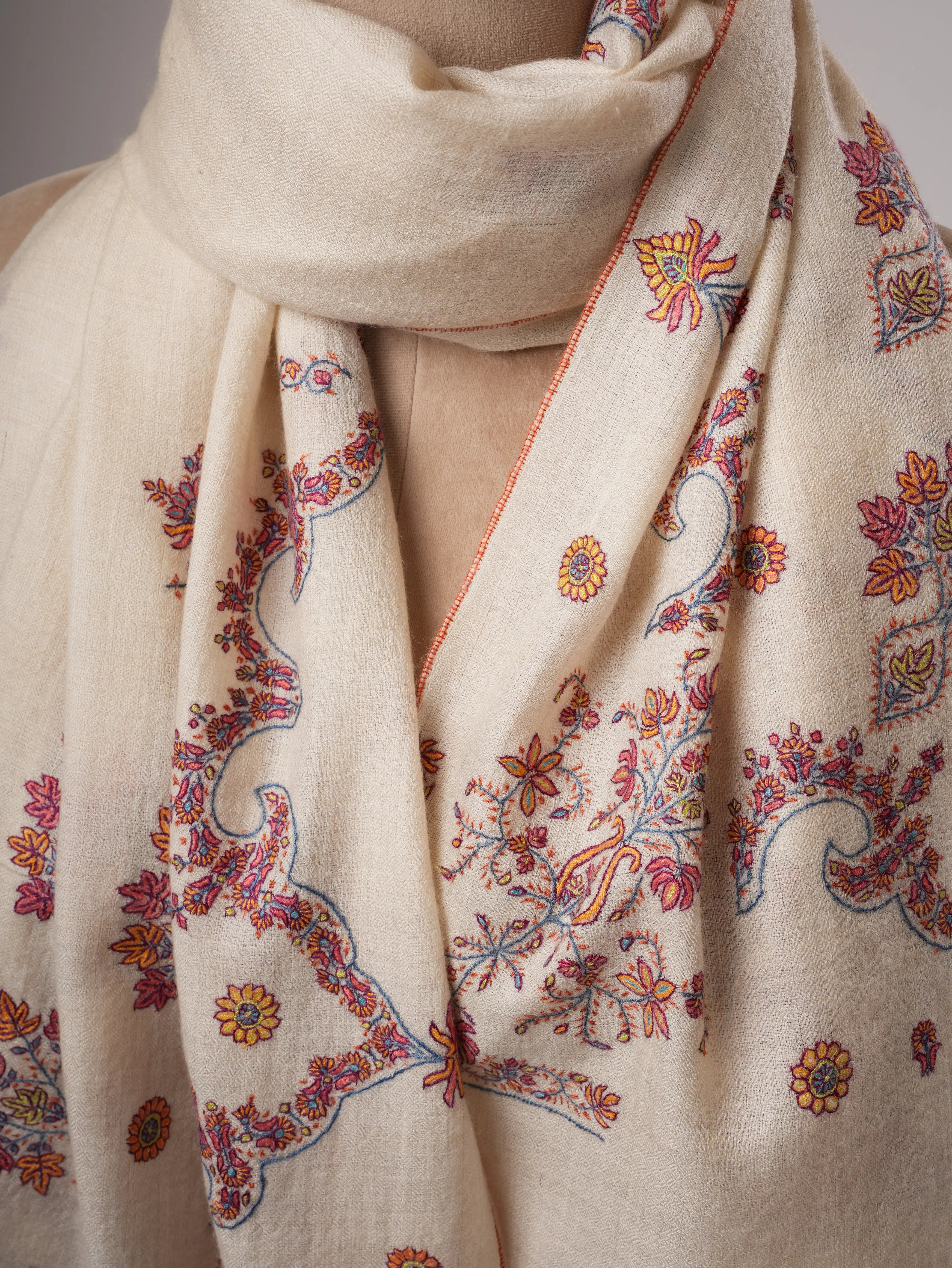 Ivory Indian Pashmina Shawl – Hand Embroidered Sozni Design Shahkaar
