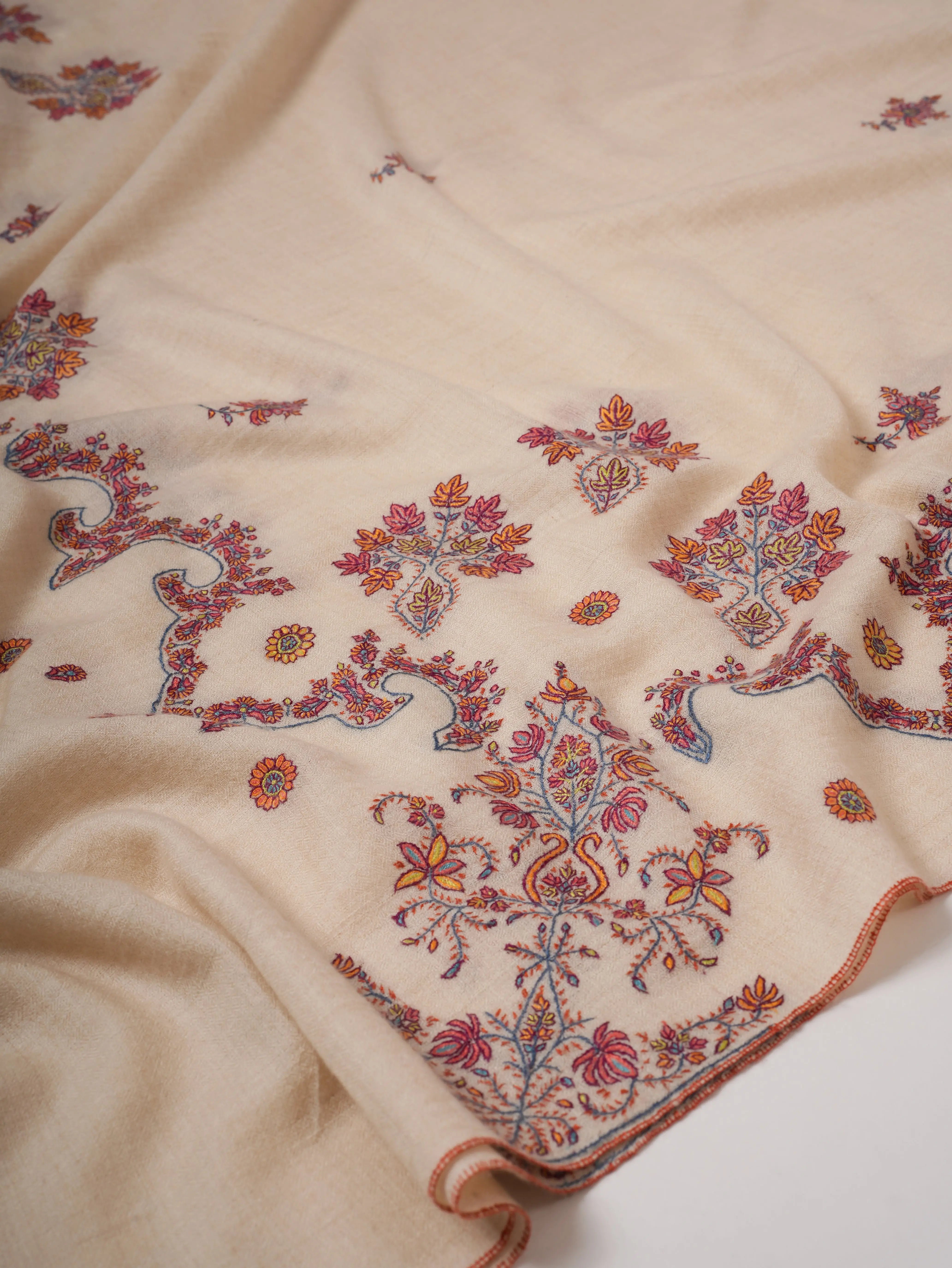 Ivory Indian Pashmina Shawl – Hand Embroidered Sozni Design Shahkaar