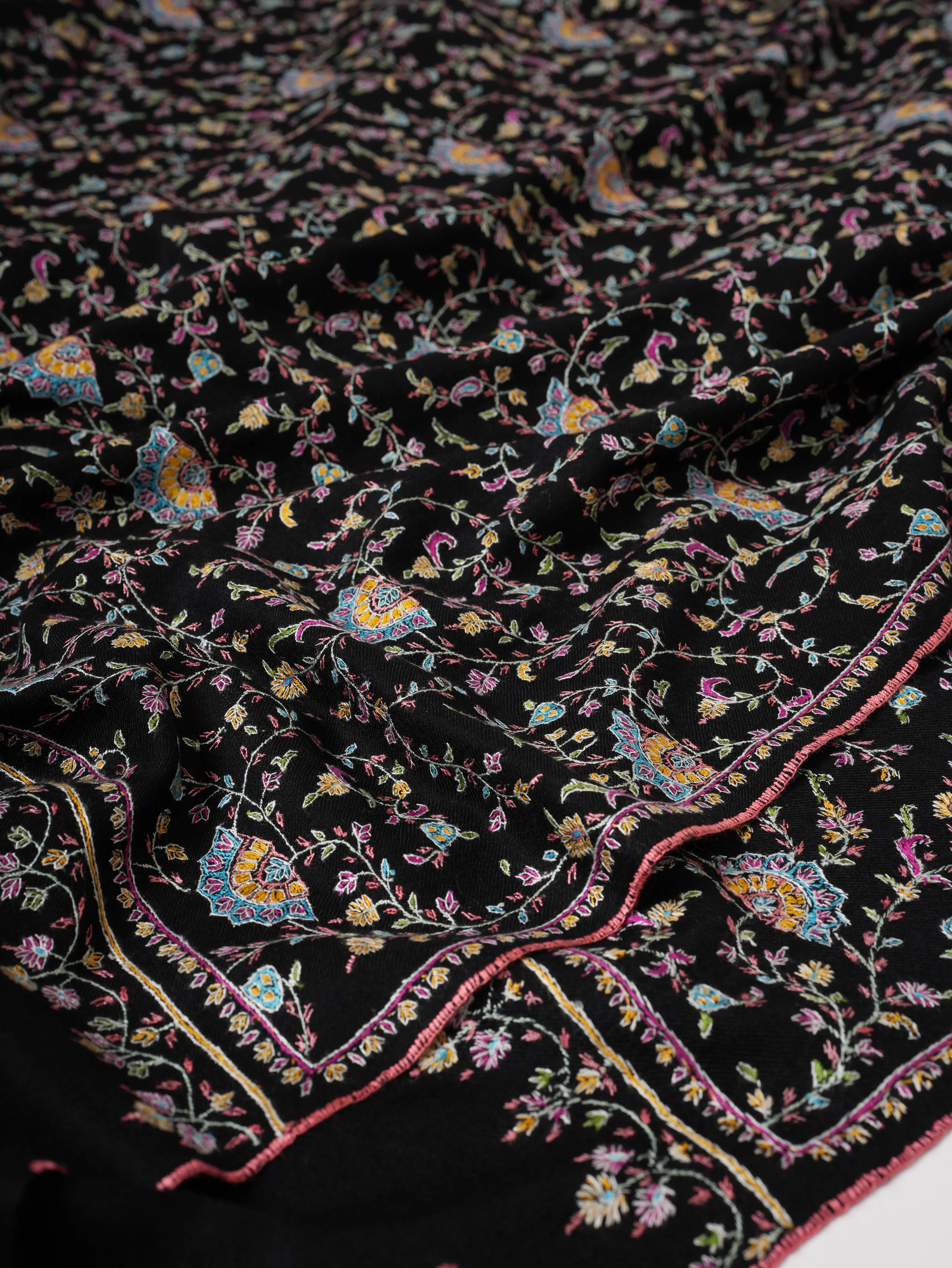 Black Authentic Kashmiri Pashmina with Fine Sozni Embroidery Shahkaar