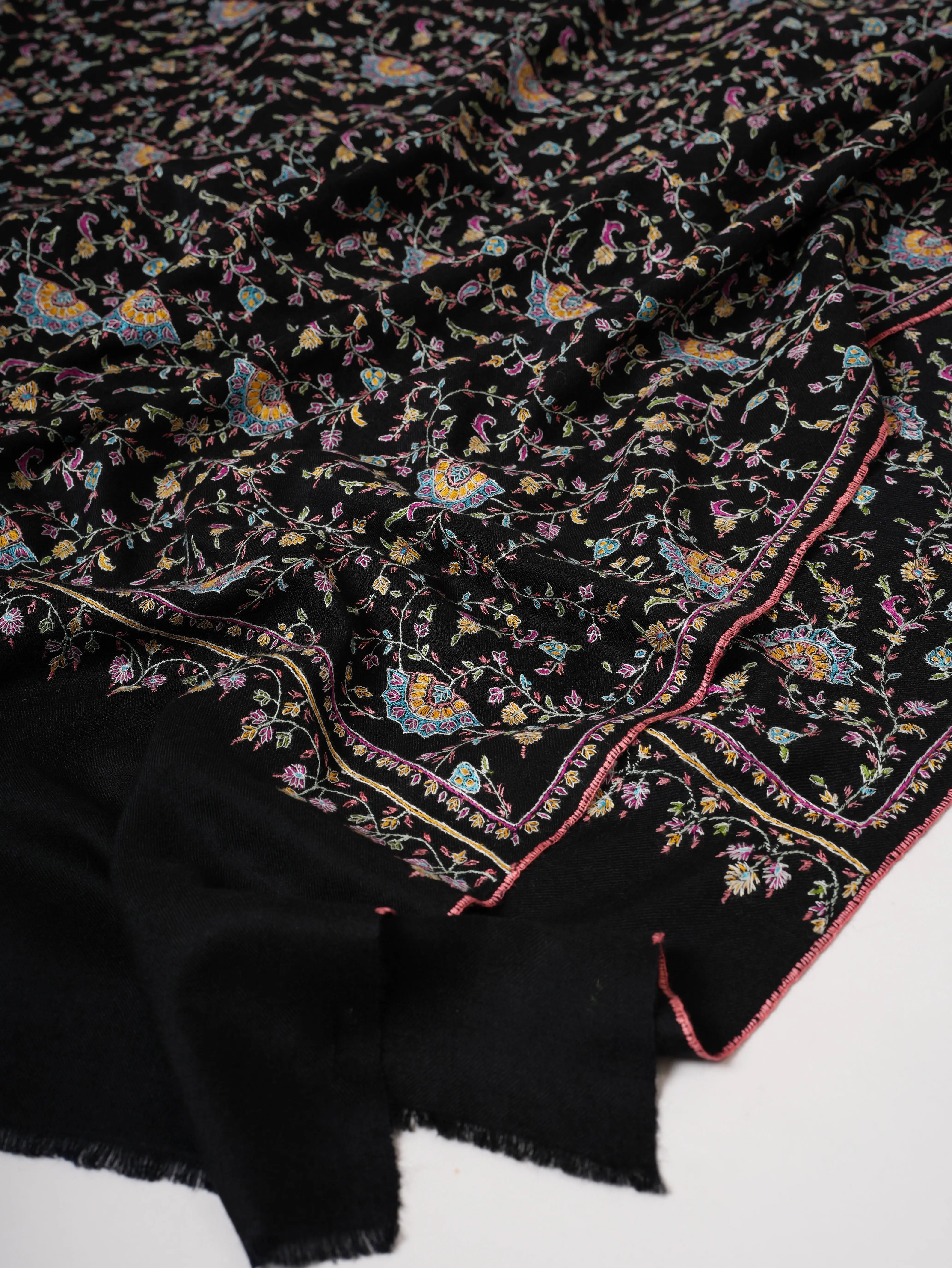 Black Authentic Kashmiri Pashmina with Fine Sozni Embroidery Shahkaar