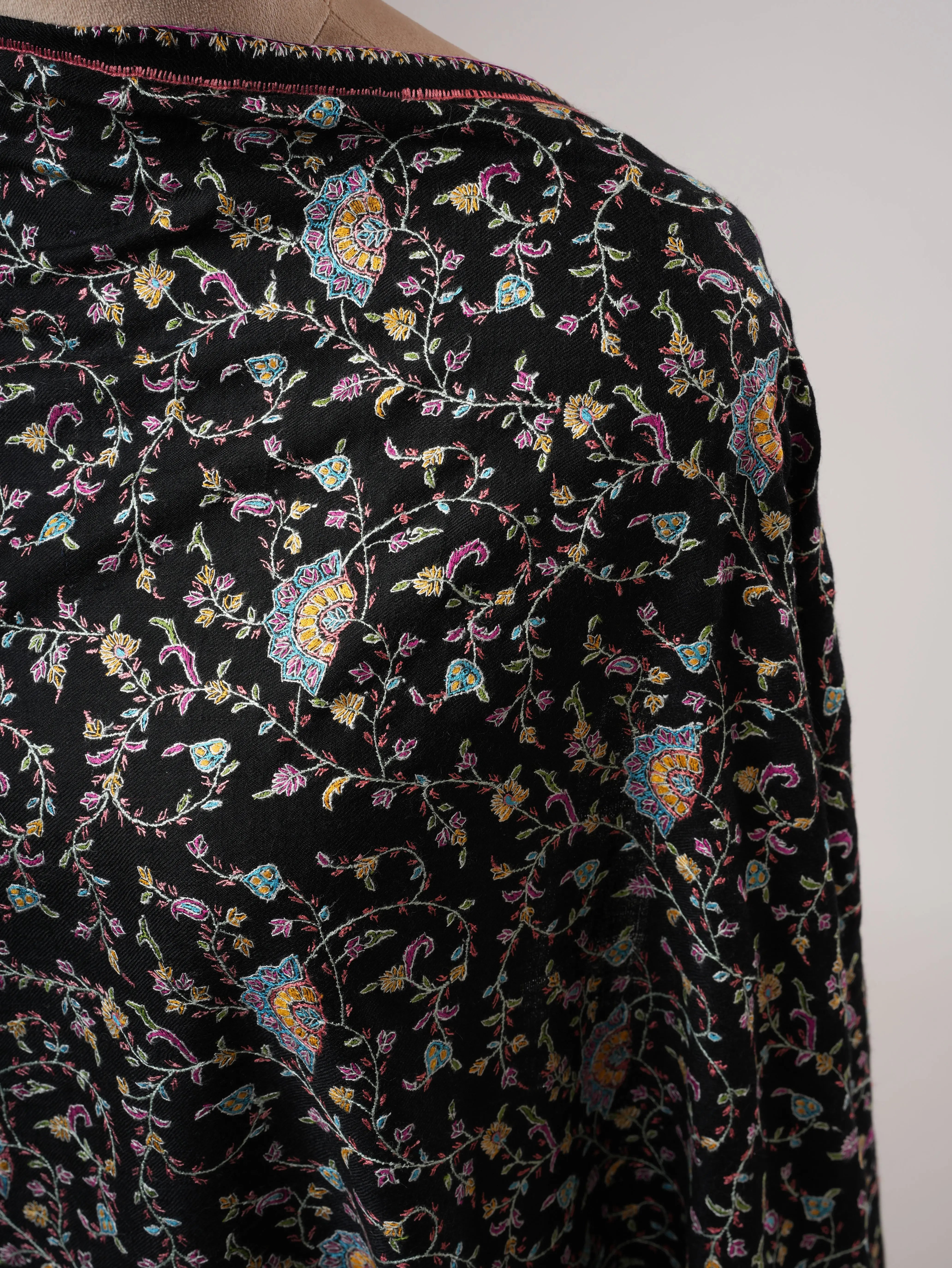 Black Authentic Kashmiri Pashmina with Fine Sozni Embroidery Shahkaar