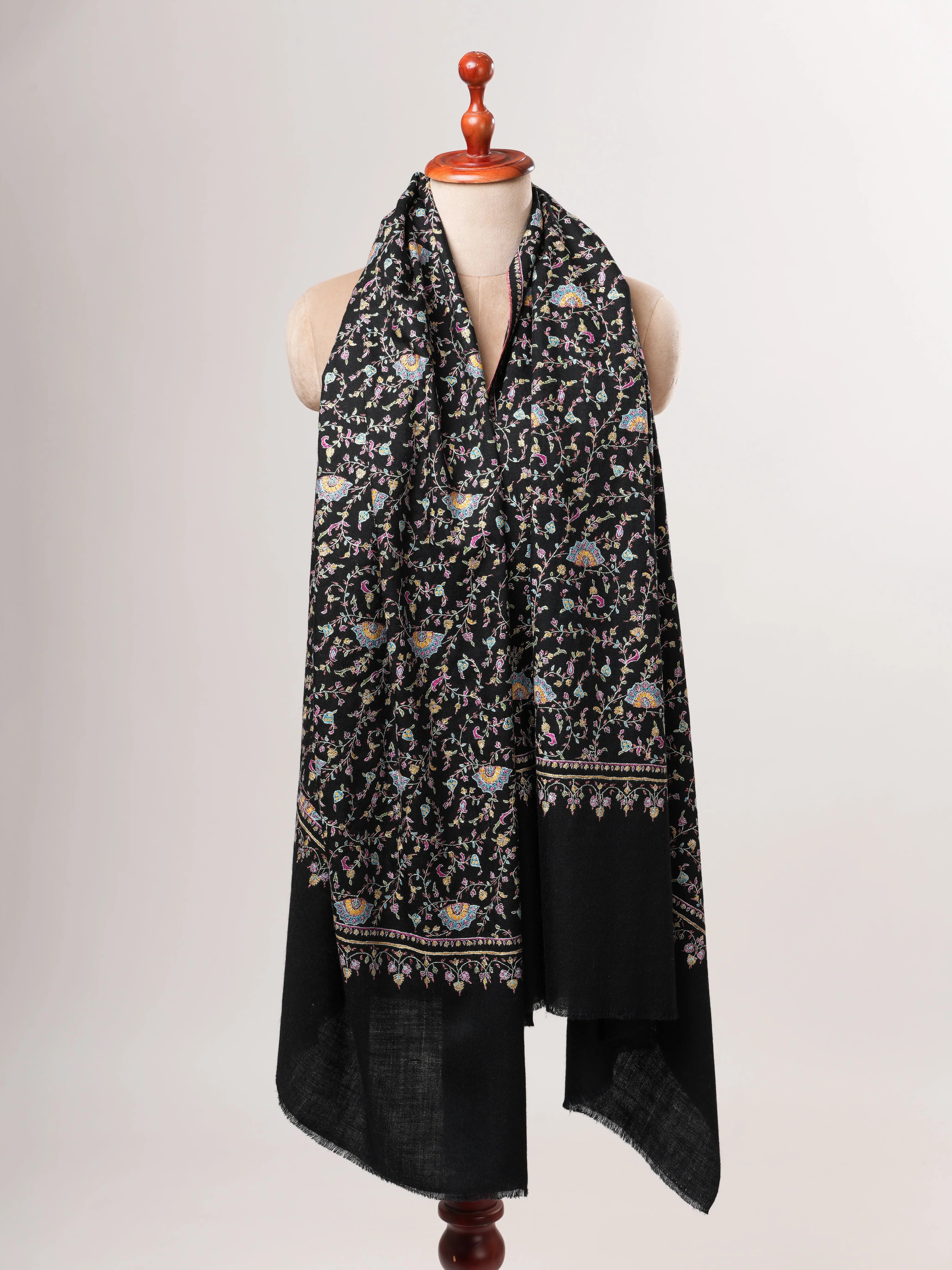 Black Authentic Kashmiri Pashmina with Fine Sozni Embroidery Shahkaar