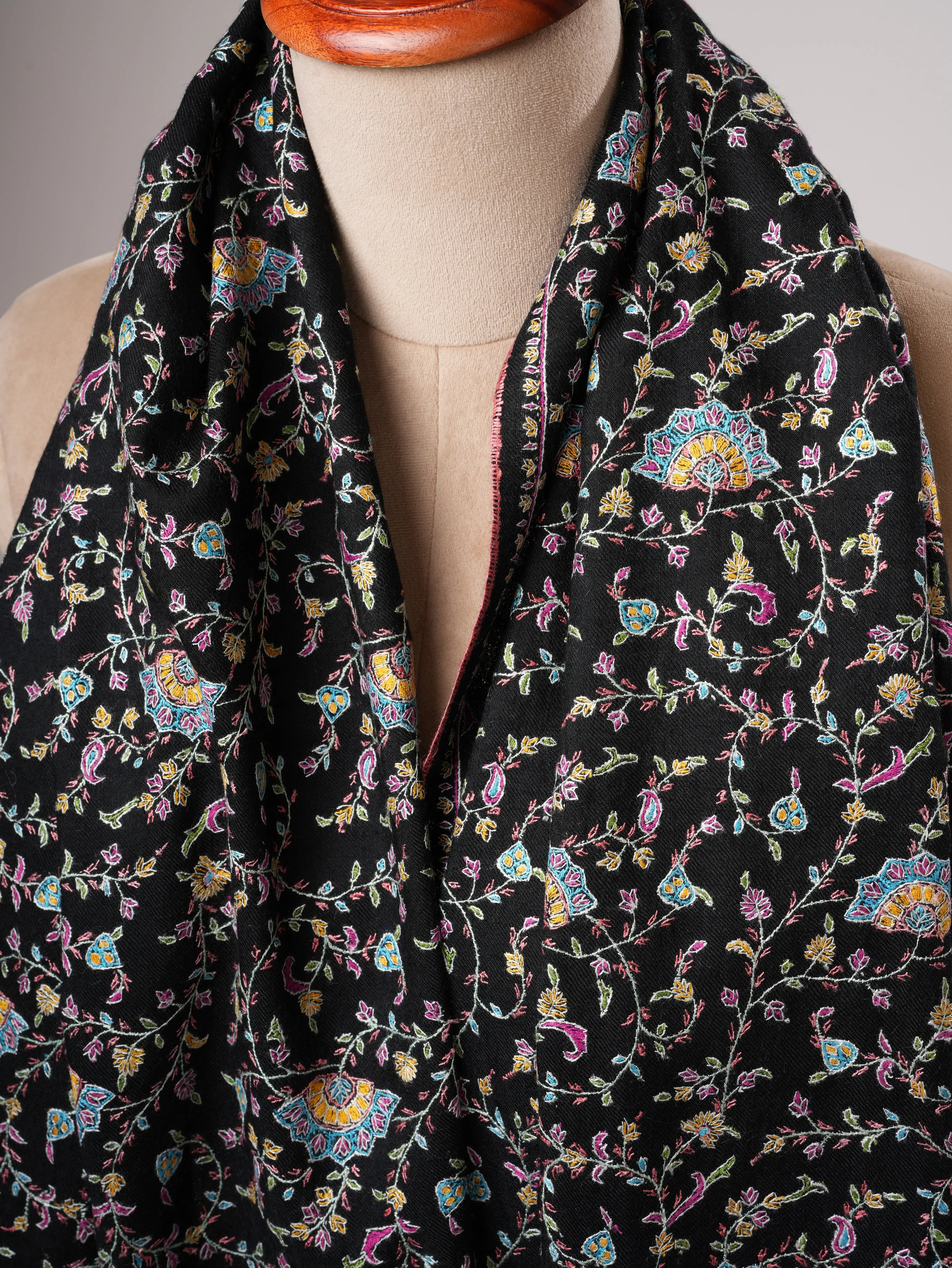 Black Authentic Kashmiri Pashmina with Fine Sozni Embroidery Shahkaar