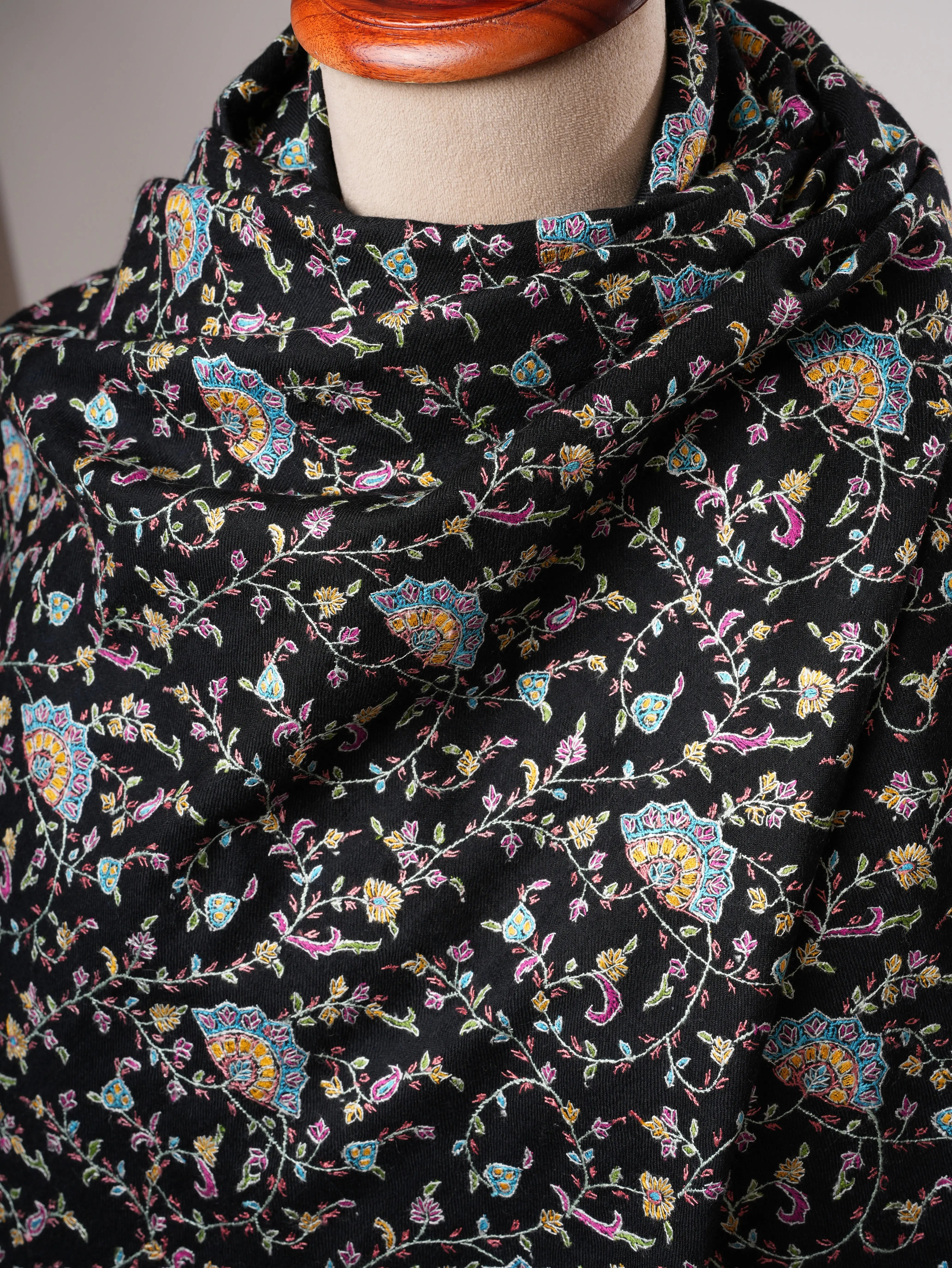 Black Authentic Kashmiri Pashmina with Fine Sozni Embroidery Shahkaar