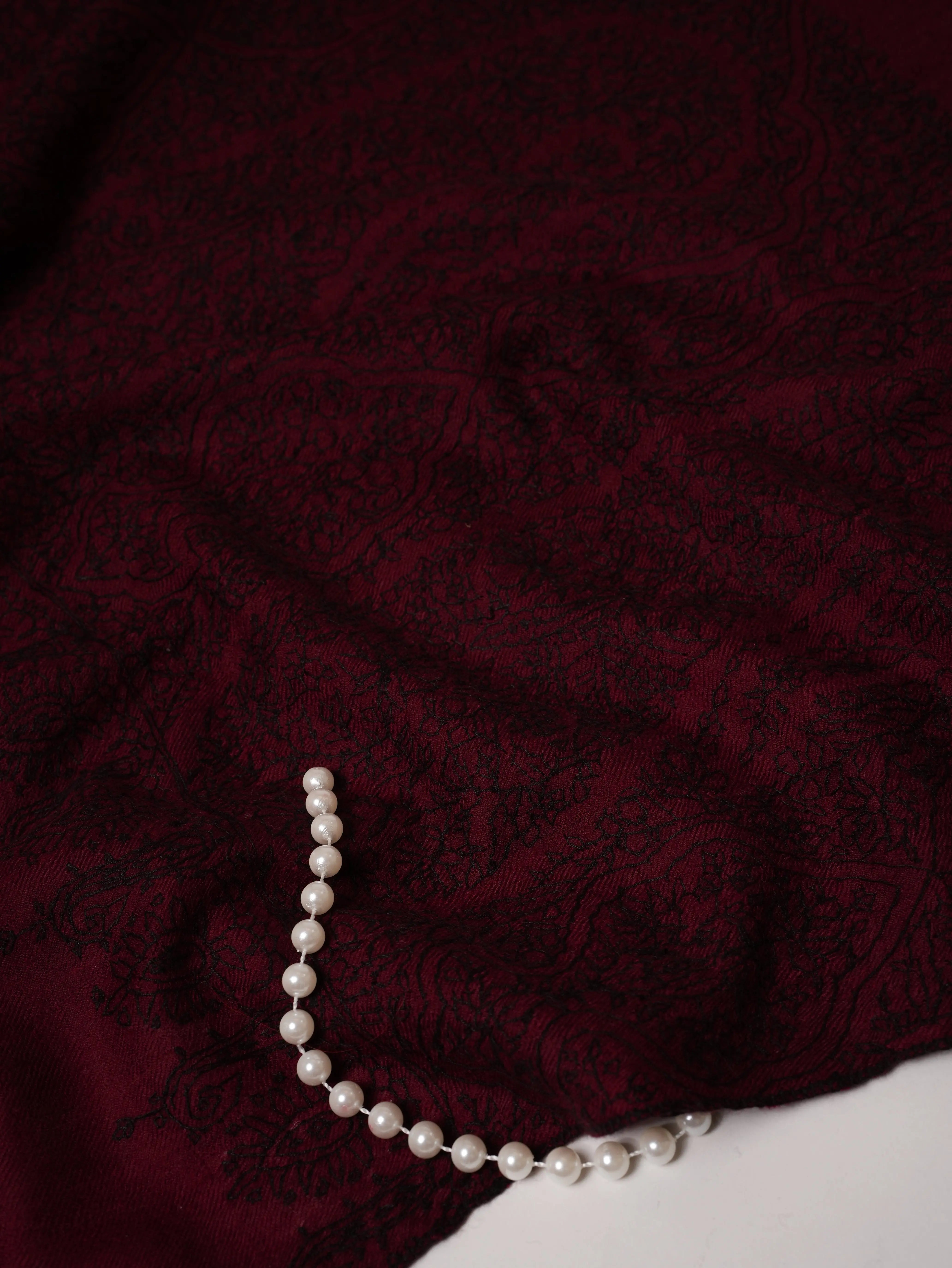 Maroon Cashmere Scarf with Black Hand Embroidery Shahkaar.com